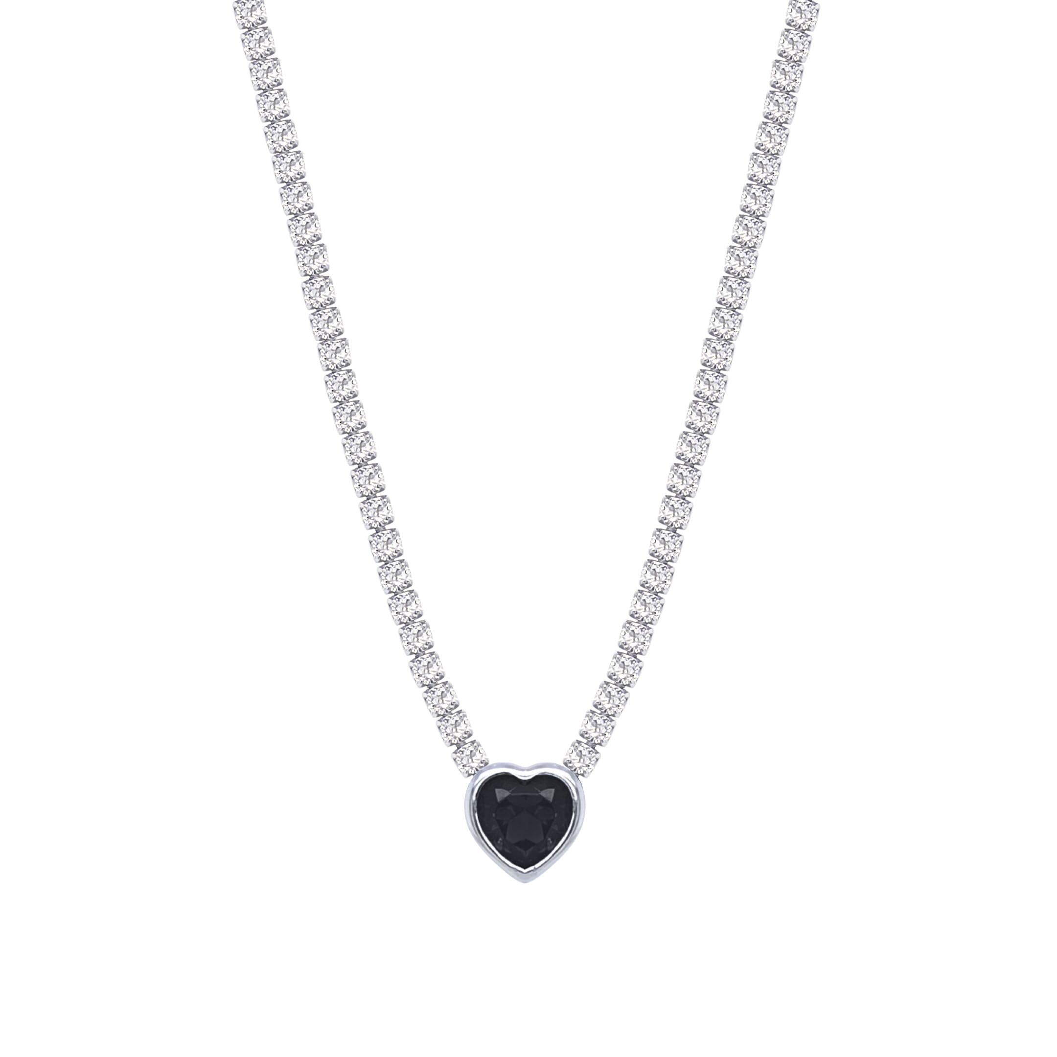 Asfour Crystal Tennis Necklace With Black Heart In 925 Sterling Silver-ND0343-WP