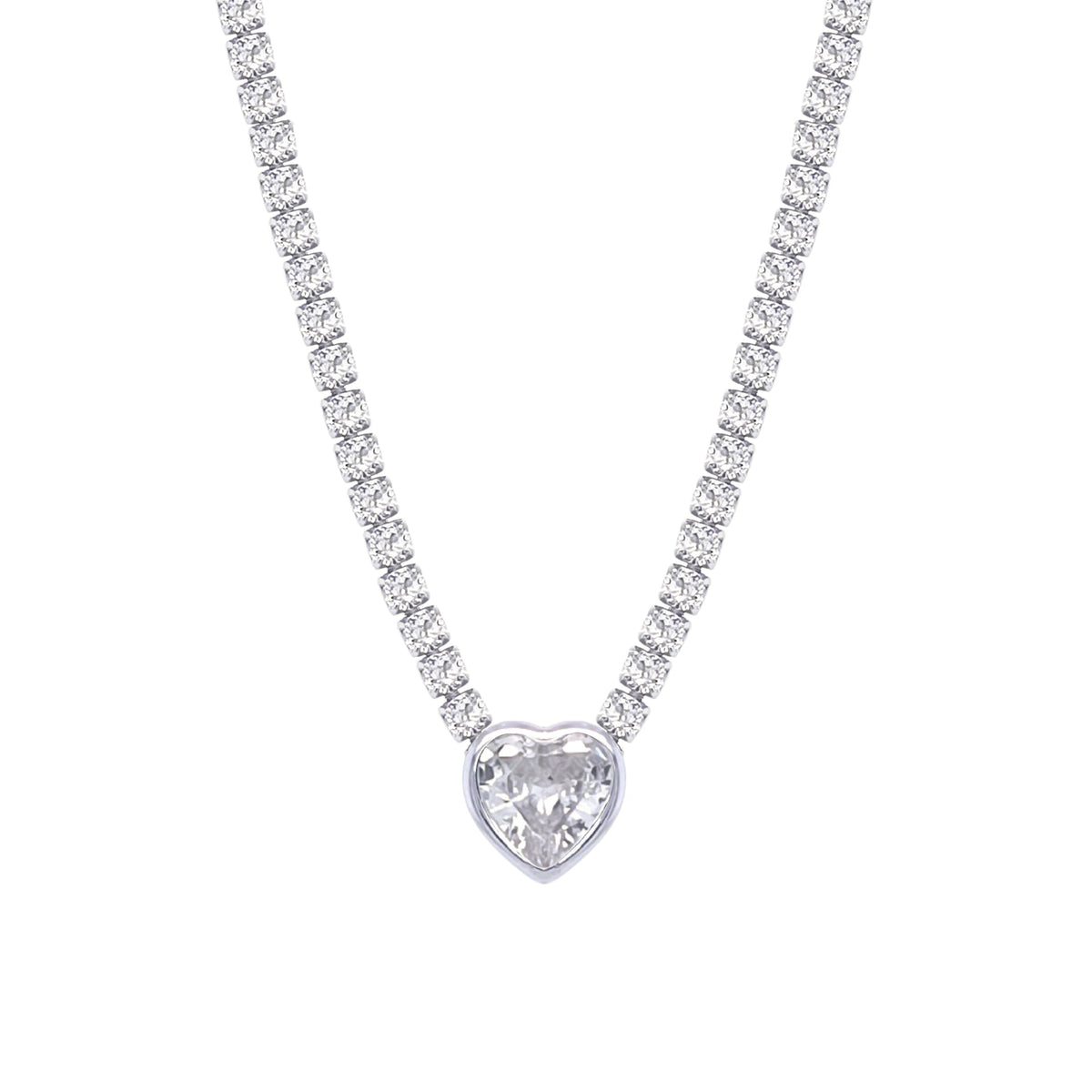 Asfour Crystal Tennis Necklace With Heart Design In 925 Sterling Silver-ND0343