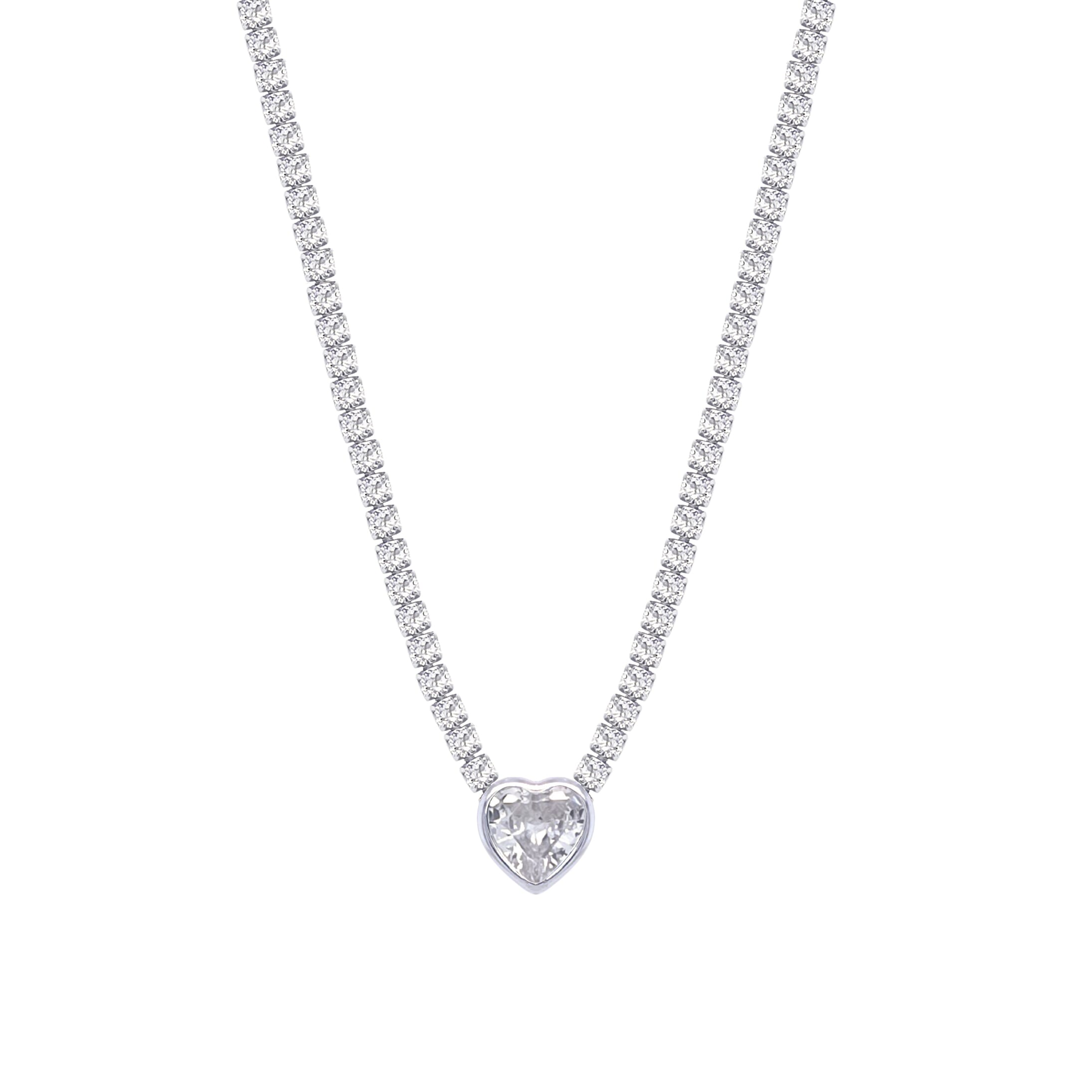 Asfour Crystal Tennis Necklace With Heart Design In 925 Sterling Silver-ND0343