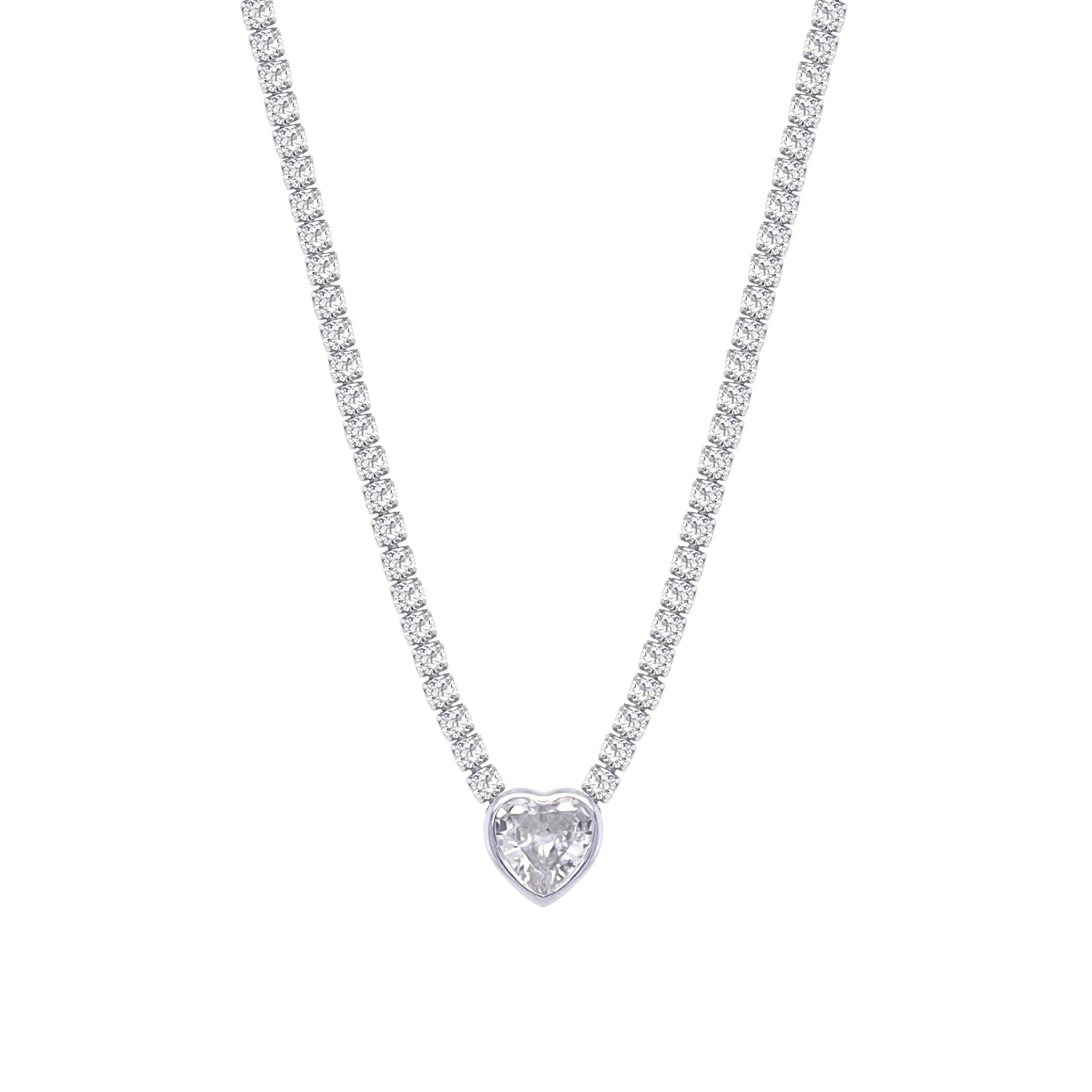 Asfour Crystal Tennis Necklace With Heart Design In 925 Sterling Silve