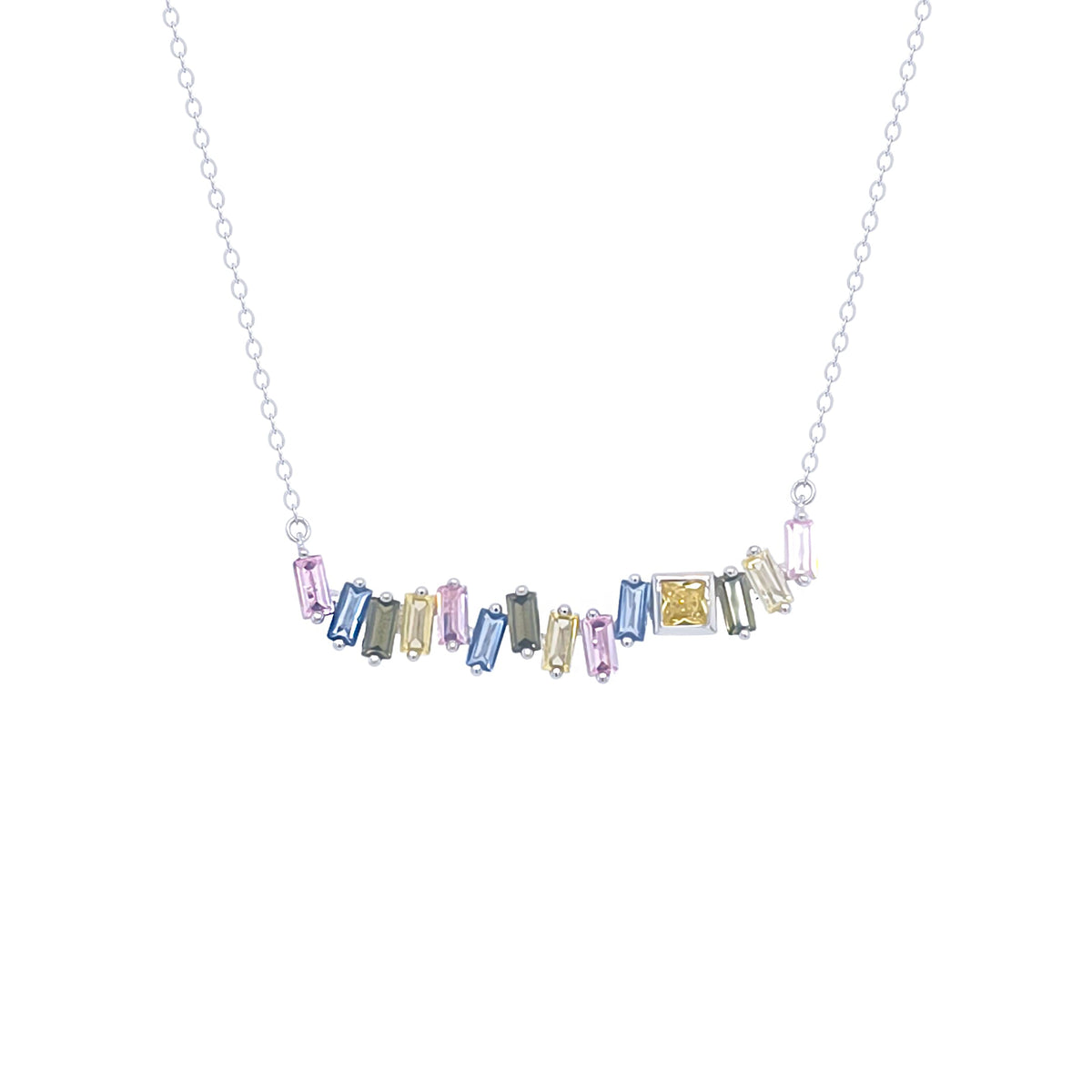 Asfour Crystal Chain Necklace With Multi Color Zircon Pendant In 925 Sterling Silver-ND0369-K