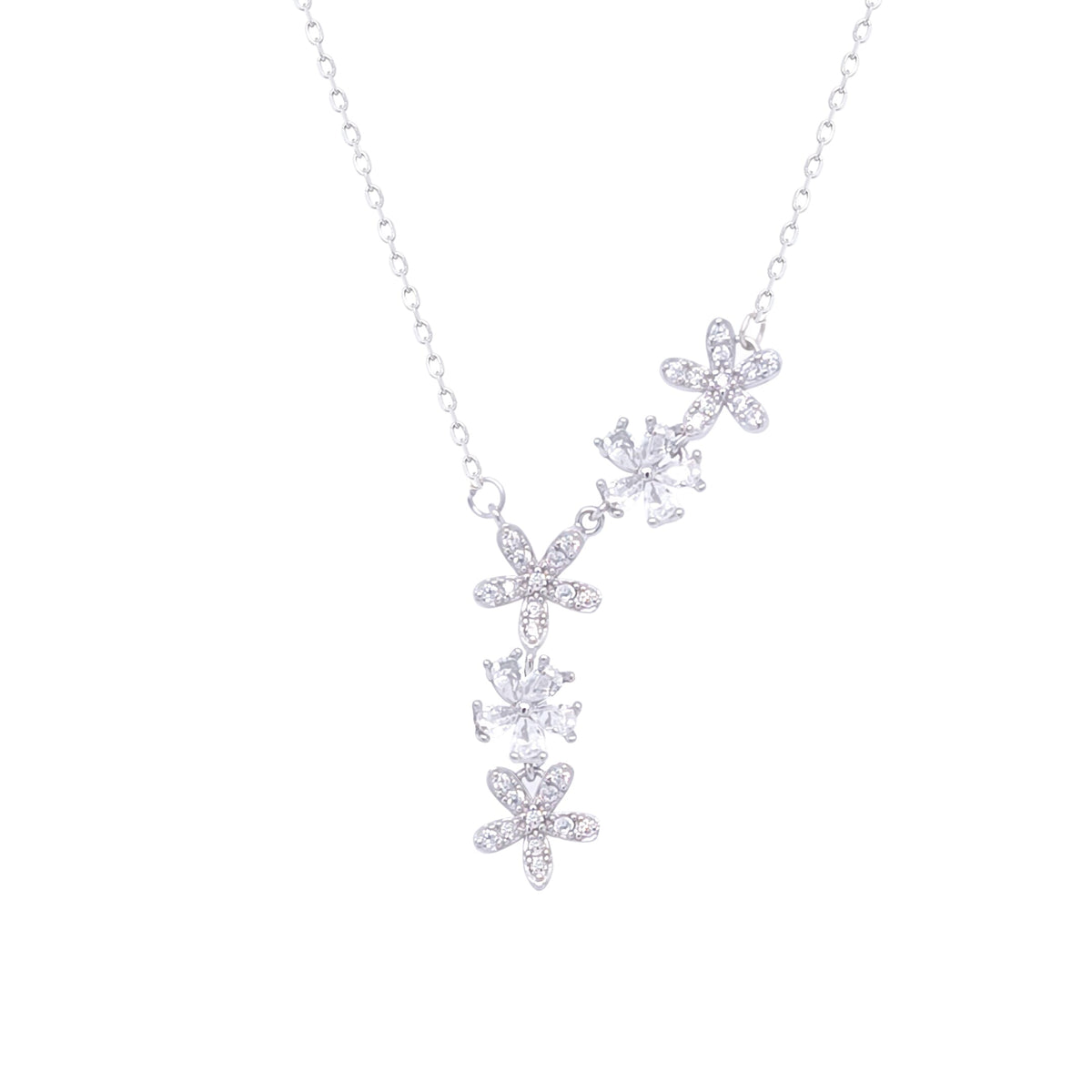 Asfour Crystal Chain Necklace With Flowers Pendant In 925 Sterling Silver-ND0375