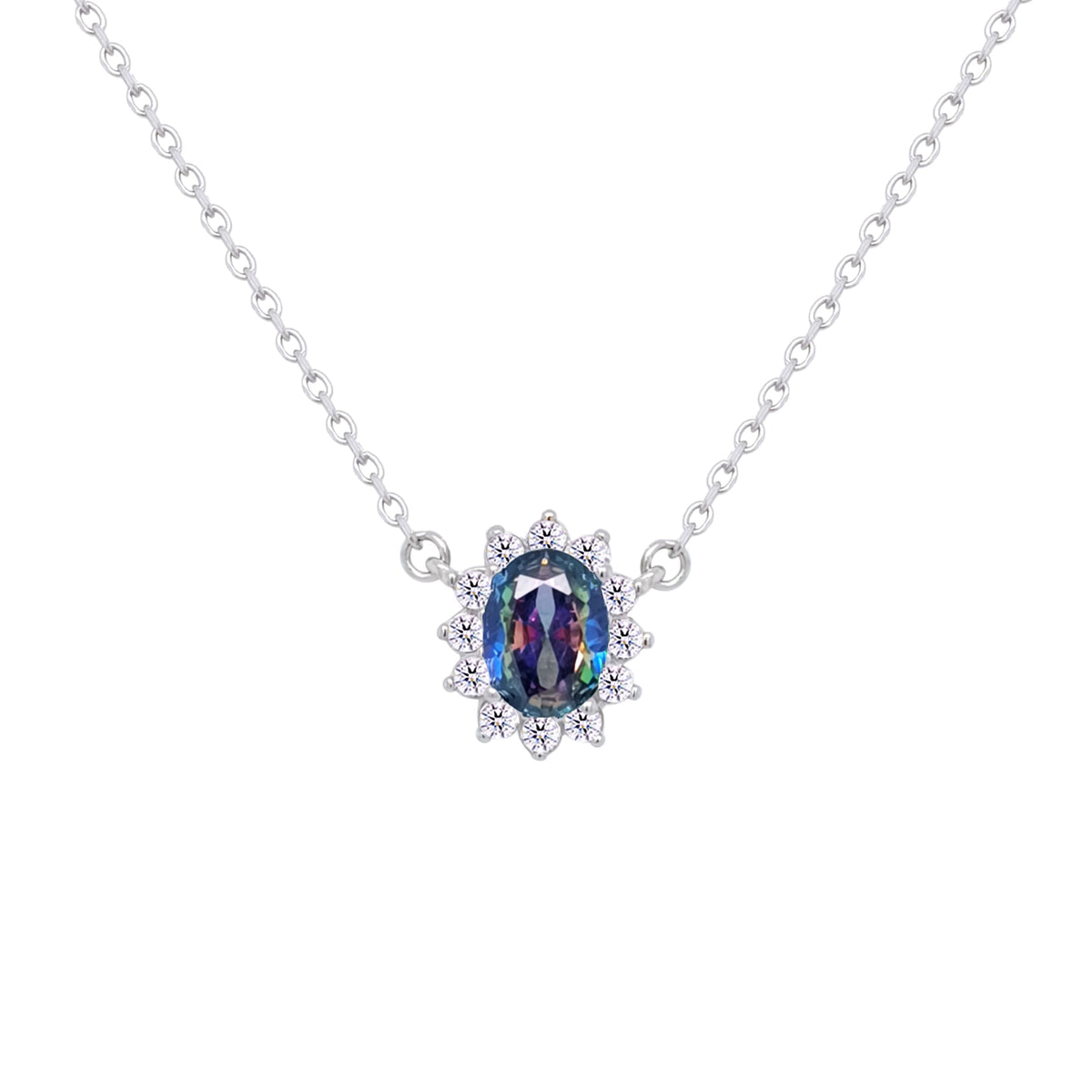 Asfour Crystal Chain Necklace With Multi Color Halo Oval Design In 925 Sterling Silver-ND0392-AP