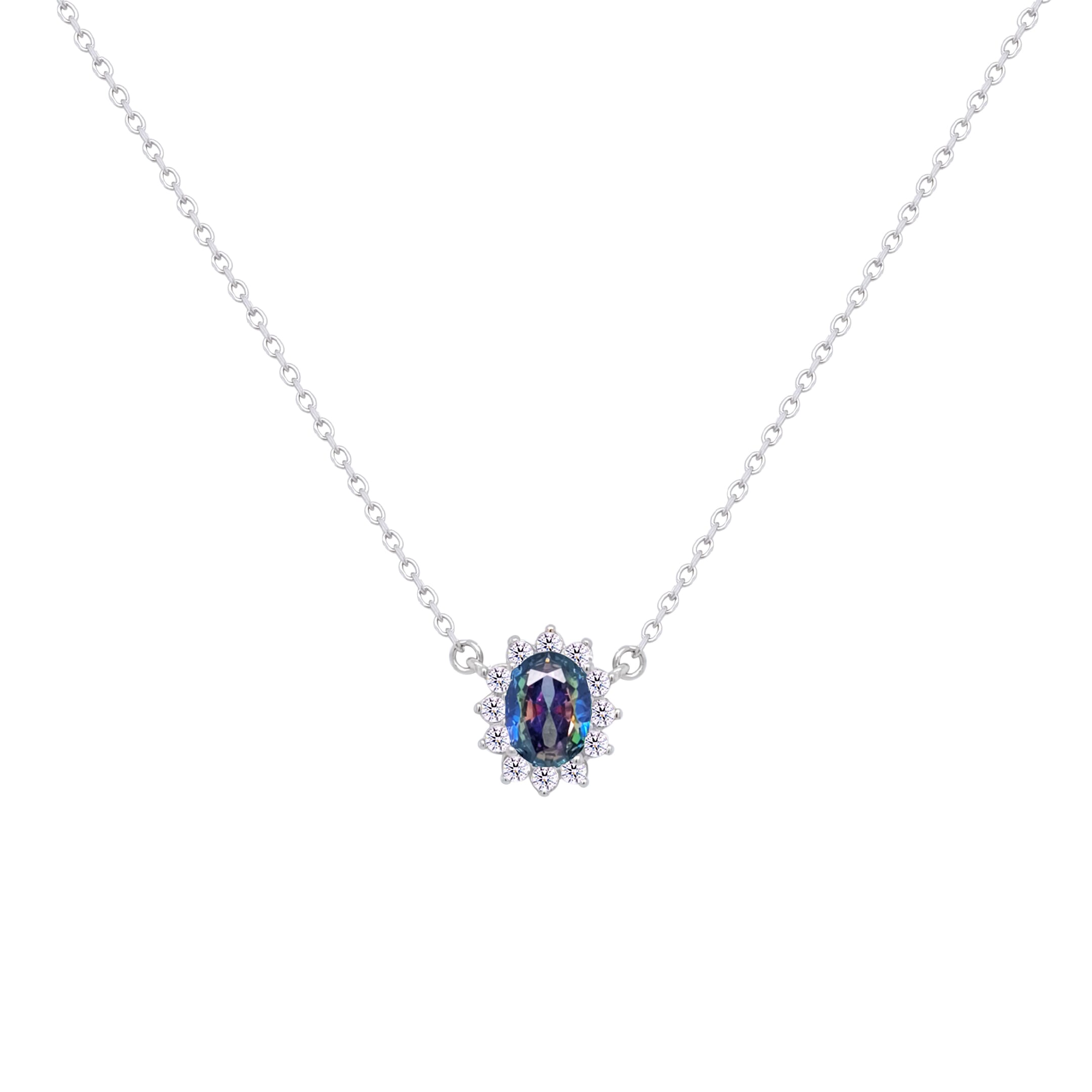 Asfour Crystal Chain Necklace With Multi Color Halo Oval Design In 925 Sterling Silver-ND0392-AP