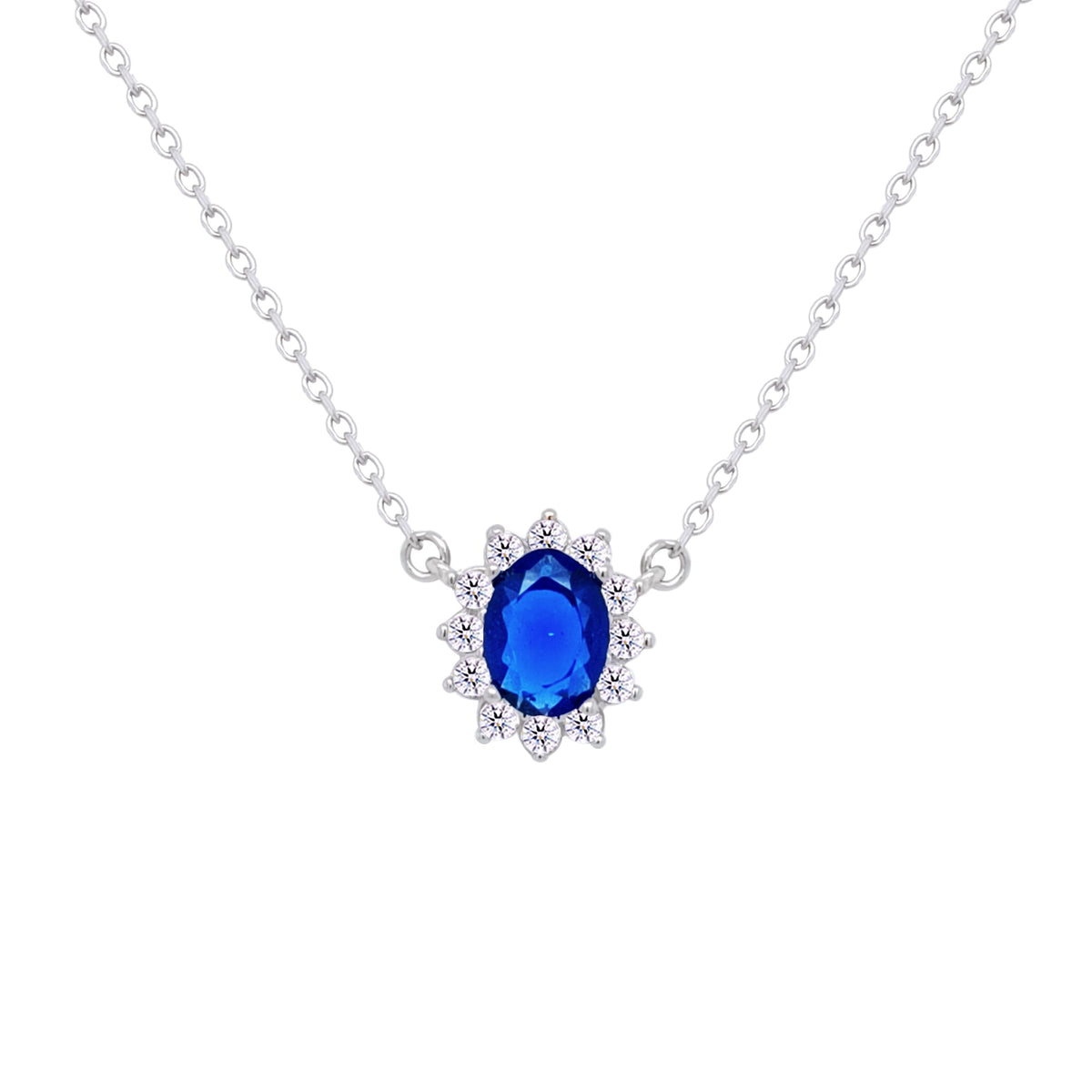 Asfour Crystal Chain Necklace With Blue Halo Oval Design In 925 Sterling Silver-ND0392-B