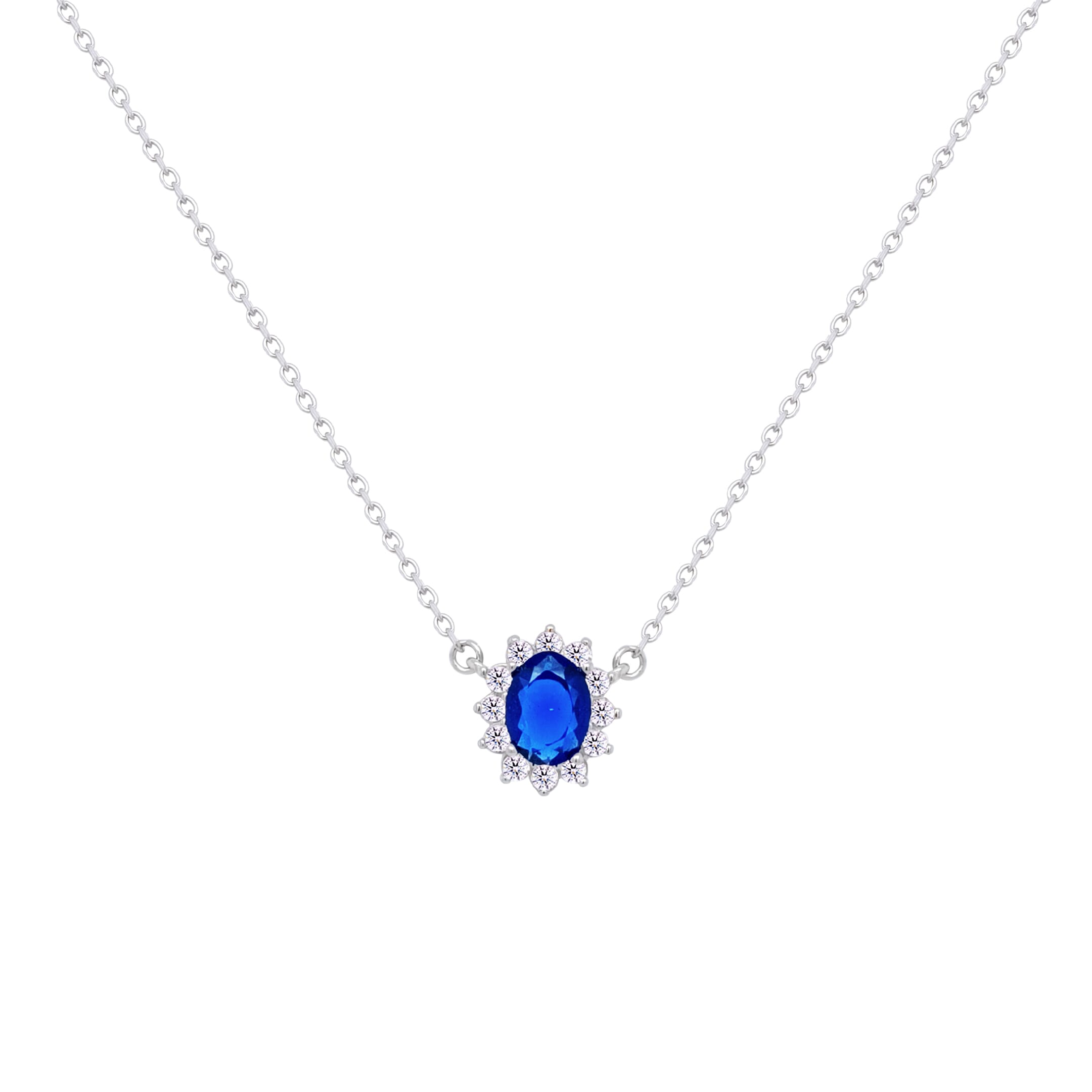 Asfour Crystal Chain Necklace With Blue Halo Oval Design In 925 Sterling Silver-ND0392-B