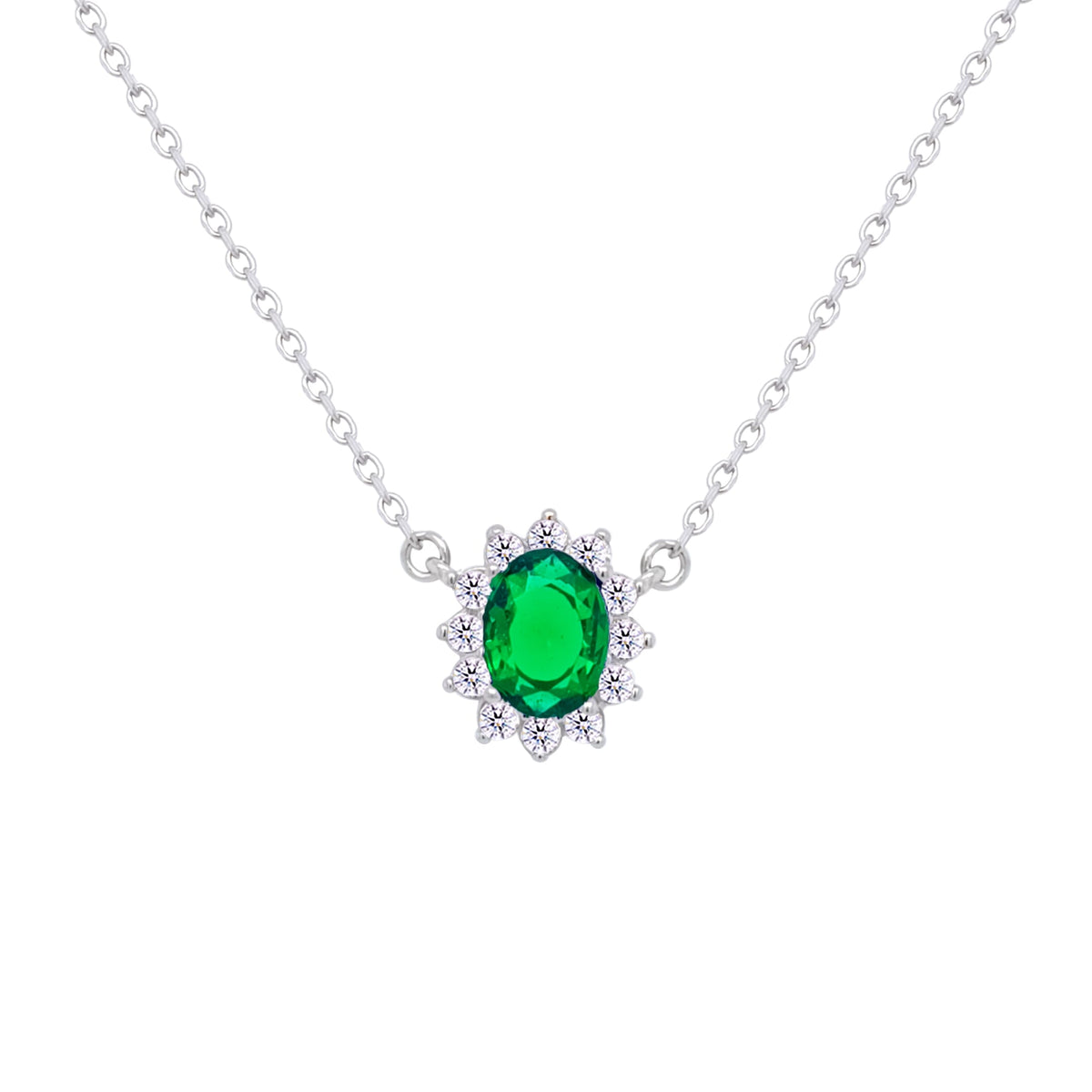 Asfour Crystal Chain Necklace With Emerald Halo Oval Design In 925 Sterling Silver-ND0392-G