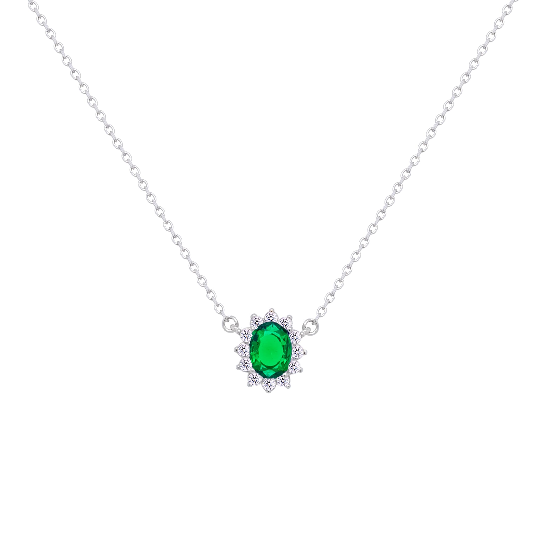 Asfour Crystal Chain Necklace With Emerald Halo Oval Design In 925 Sterling Silver-ND0392-G