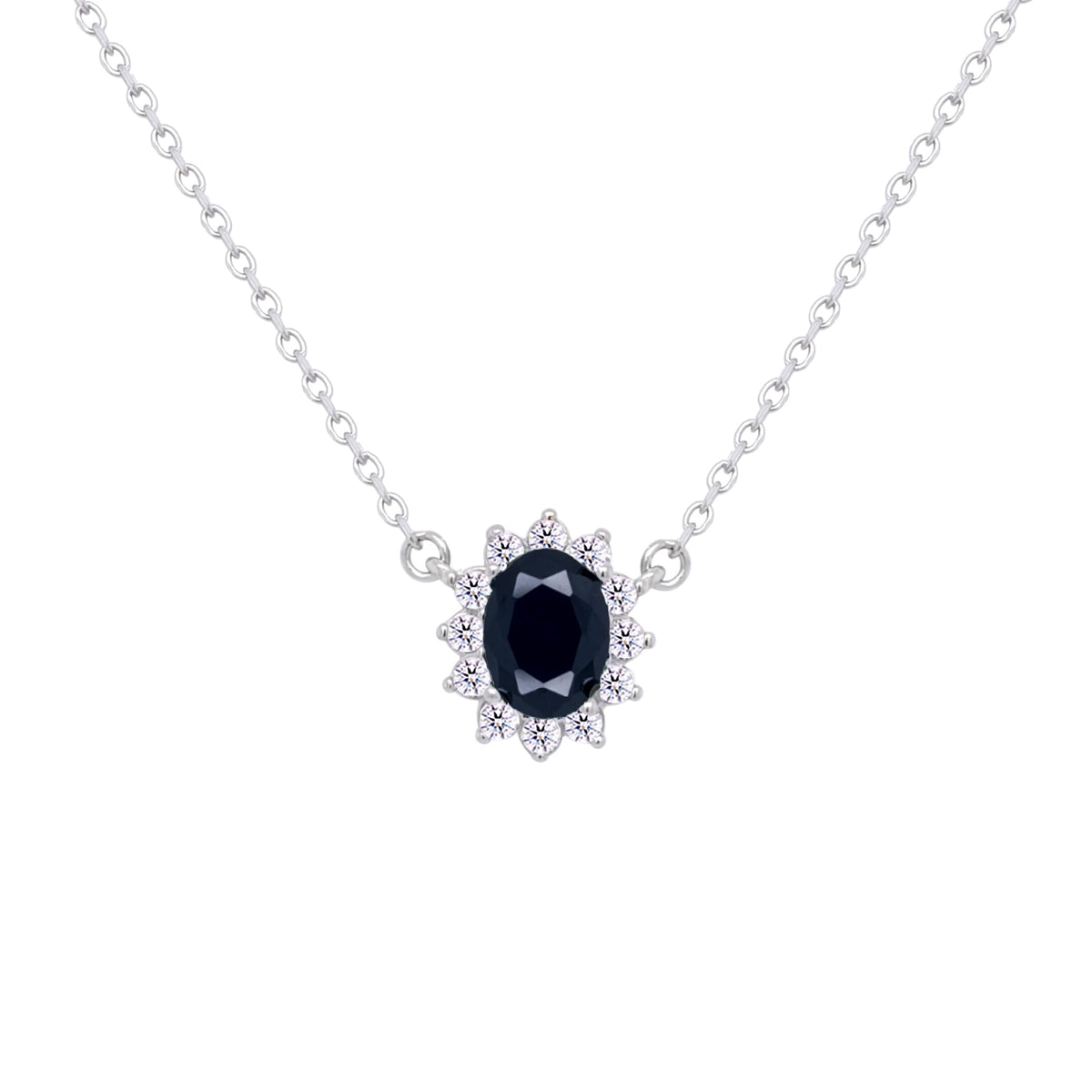 Asfour Crystal Chain Necklace With Black Halo Oval Design In 925 Sterling Silver-ND0392-P