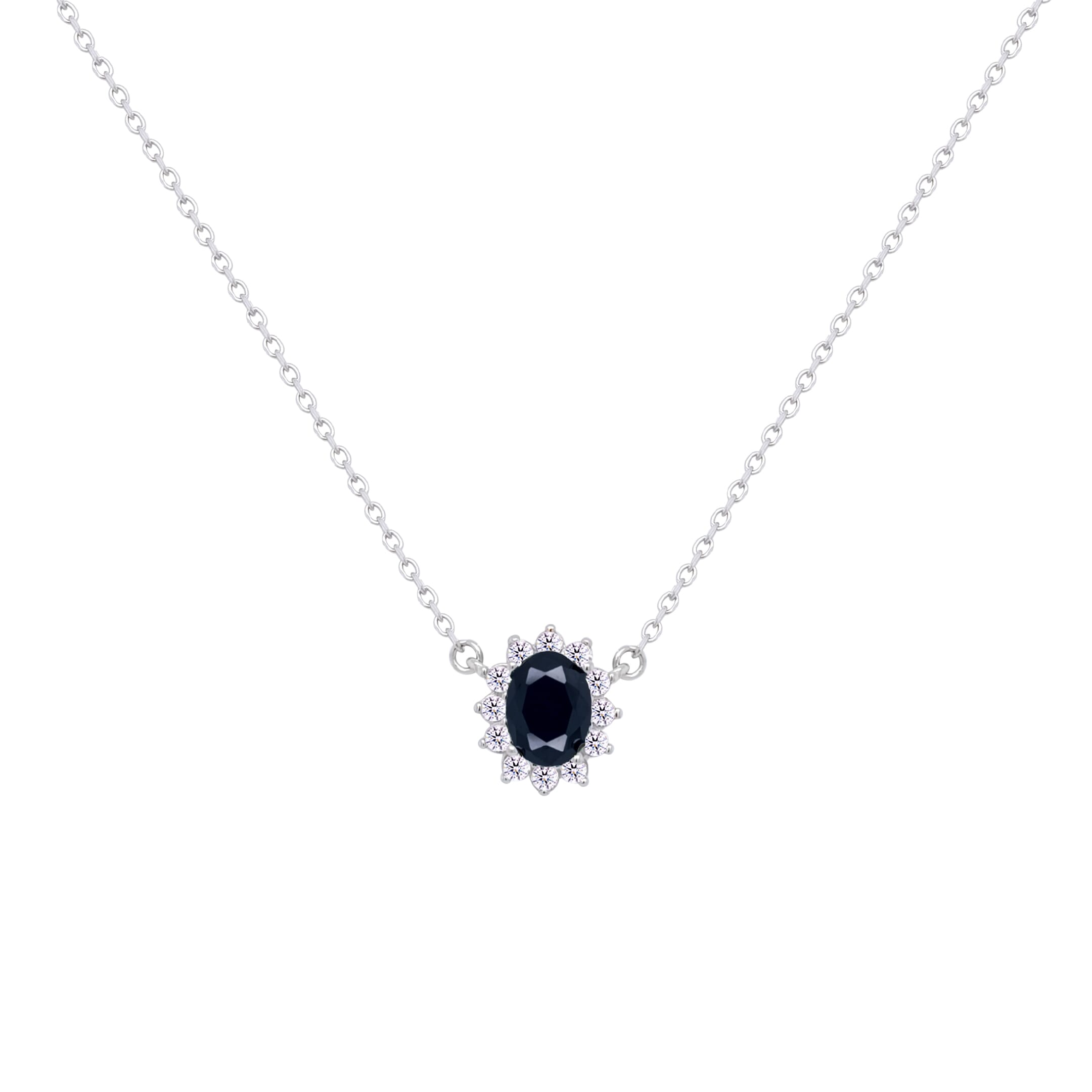 Asfour Crystal Chain Necklace With Black Halo Oval Design In 925 Sterling Silver-ND0392-P