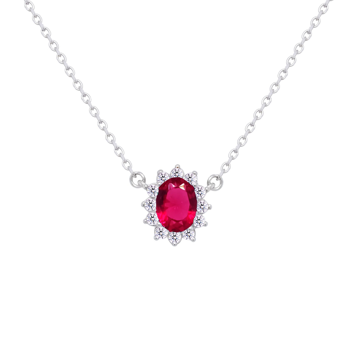 Asfour Crystal Chain Necklace With Ruby Halo Oval Design In 925 Sterling Silver-ND0392-R