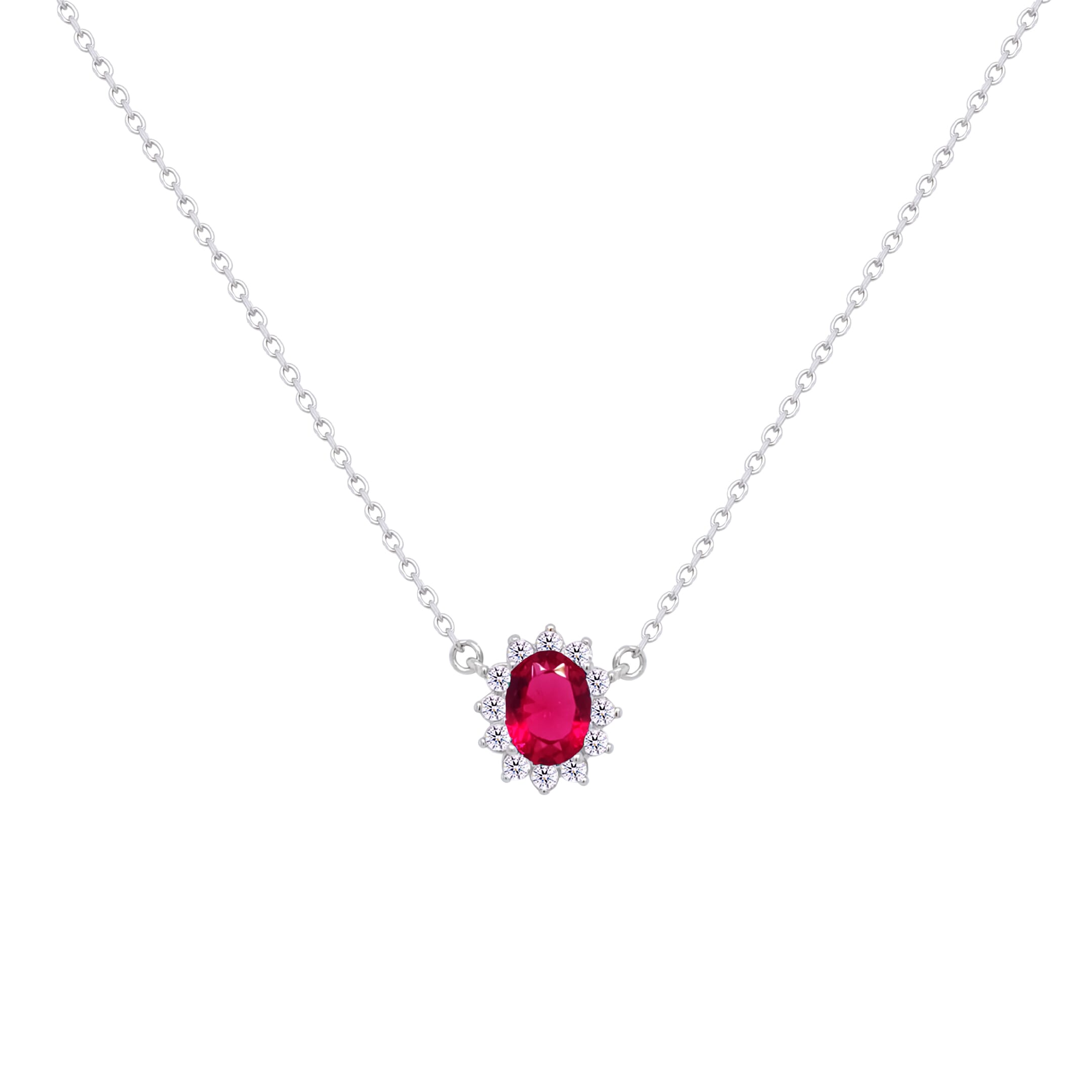 Asfour Crystal Chain Necklace With Ruby Halo Oval Design In 925 Sterling Silver-ND0392-R