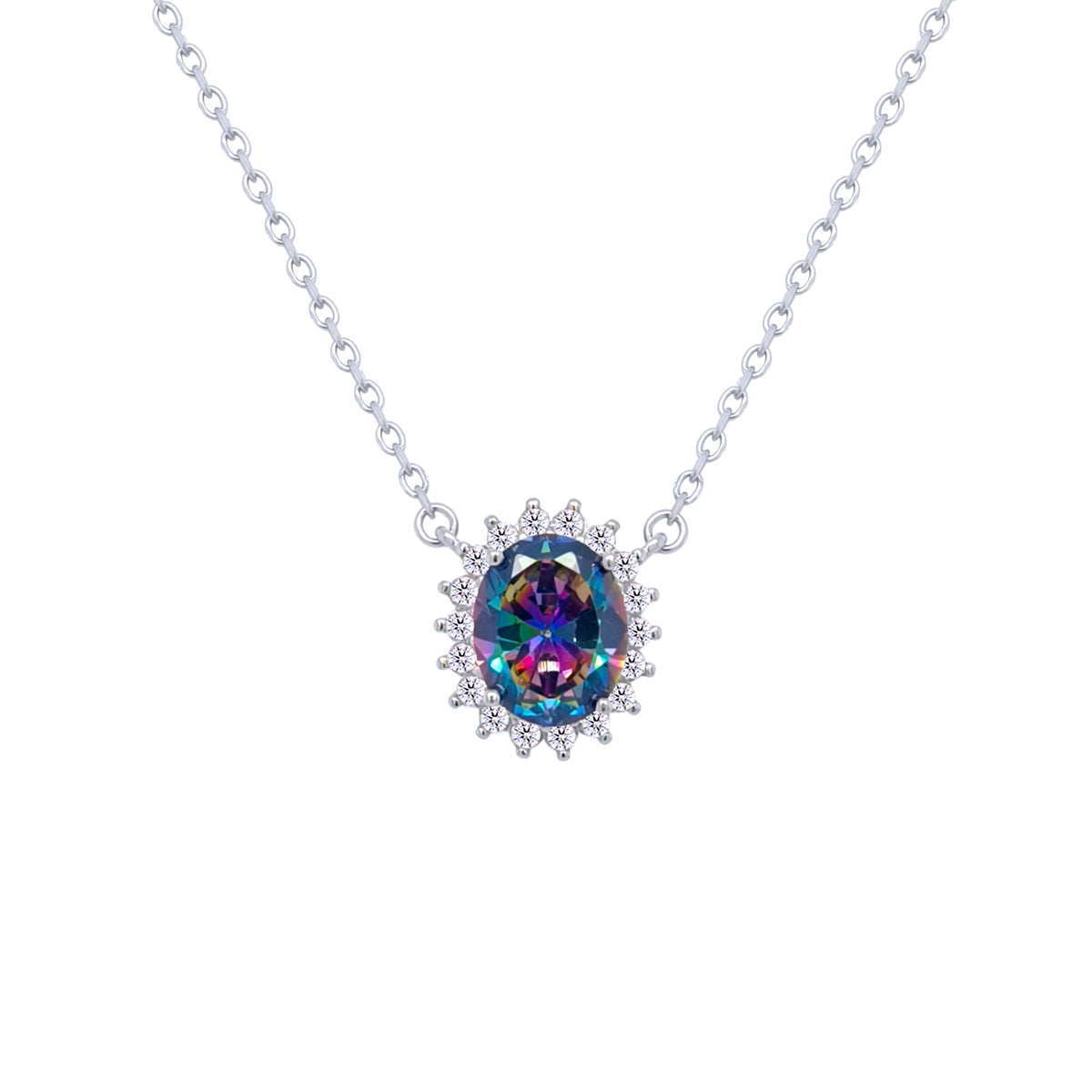 Asfour Crystal Chain Necklace With Multi Color Halo Oval Design In 925 Sterling Silver-ND0397-AP