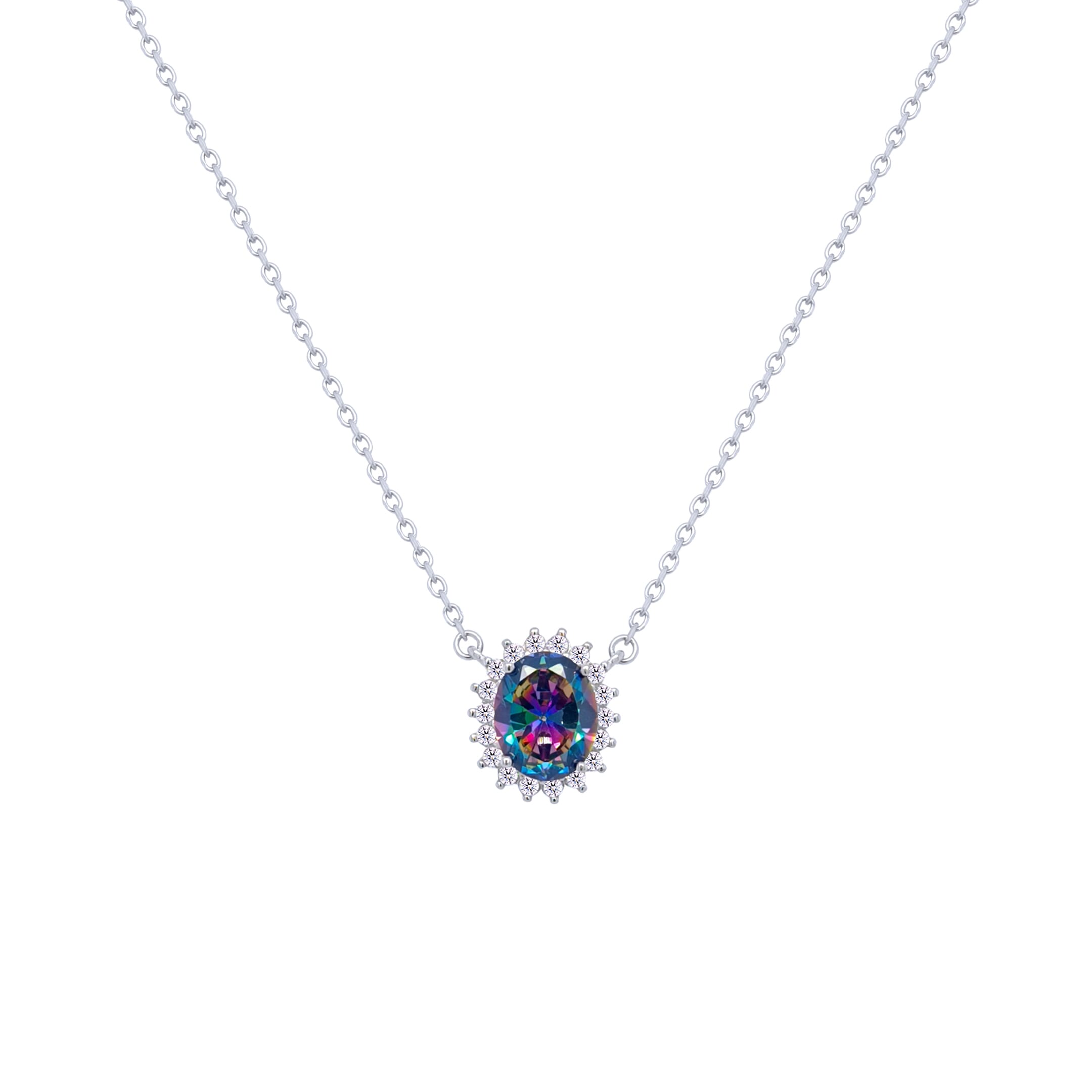 Asfour Crystal Chain Necklace With Multi Color Halo Oval Design In 925 Sterling Silver-ND0397-AP