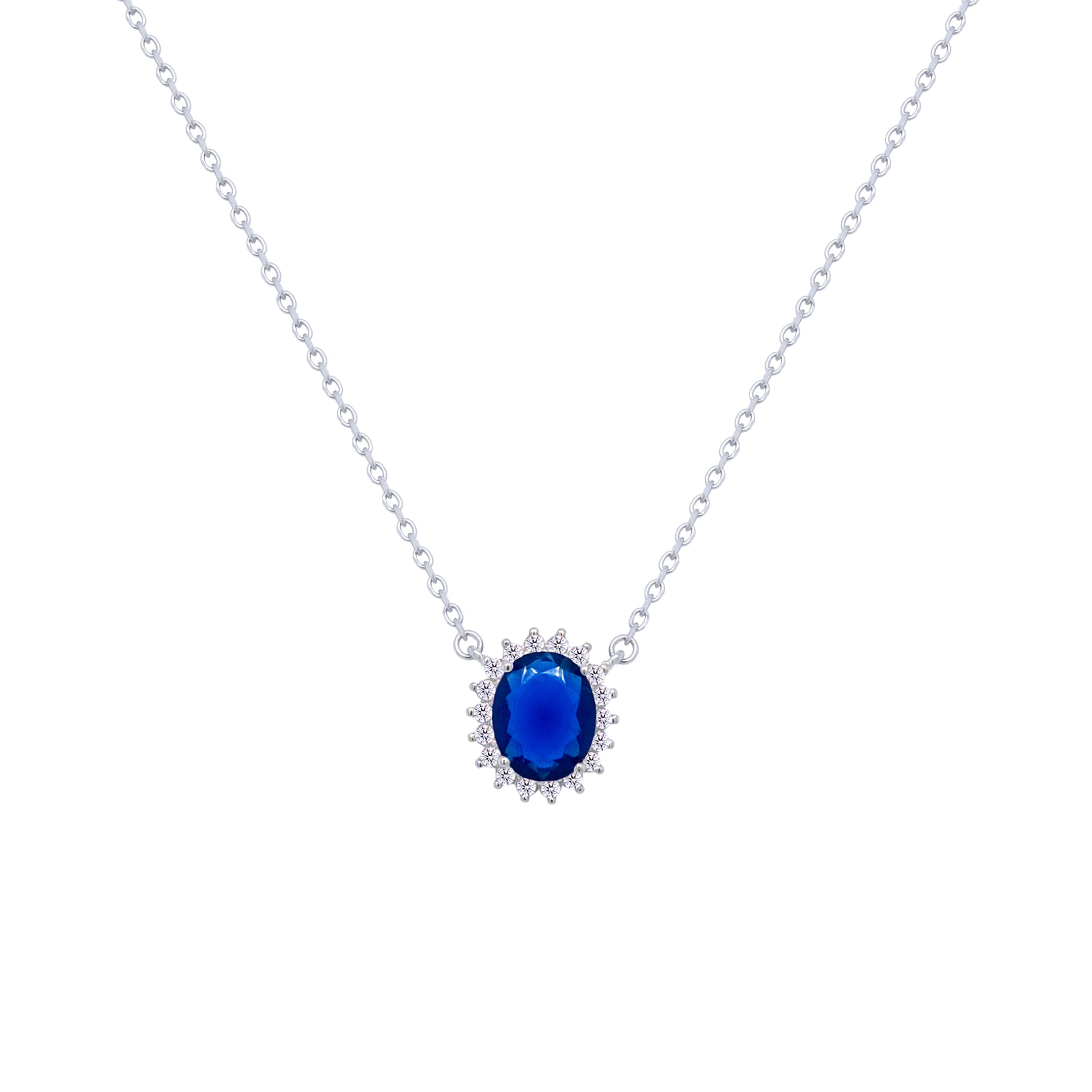 Asfour Crystal Chain Necklace With Blue Halo Oval Design In 925 Sterling Silver-ND0397-B