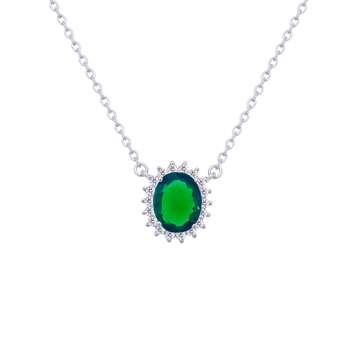 Asfour Crystal Chain Necklace With Emerald Halo Oval Design In 925 Sterling Silver-ND0397-G