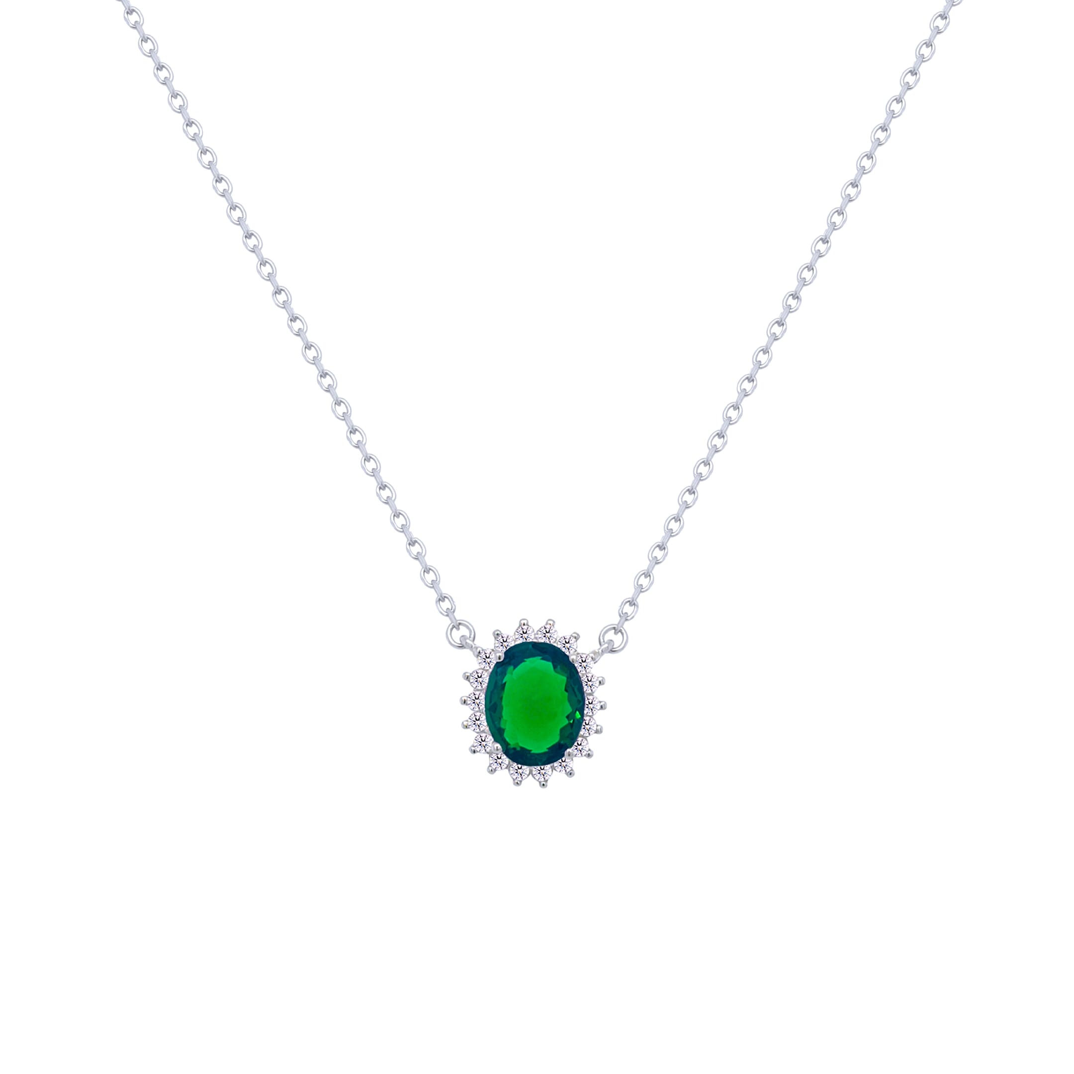 Asfour Crystal Chain Necklace With Emerald Halo Oval Design In 925 Sterling Silver-ND0397-G