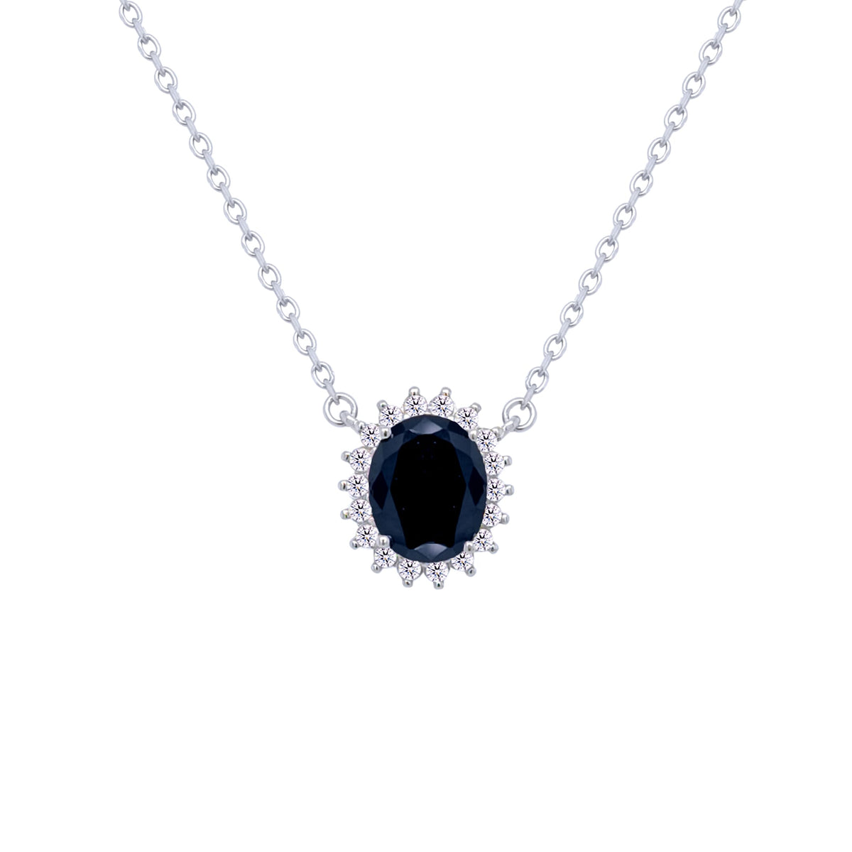 Asfour Crystal Chain Necklace With Black Halo Oval Design In 925 Sterling Silver-ND0397-P