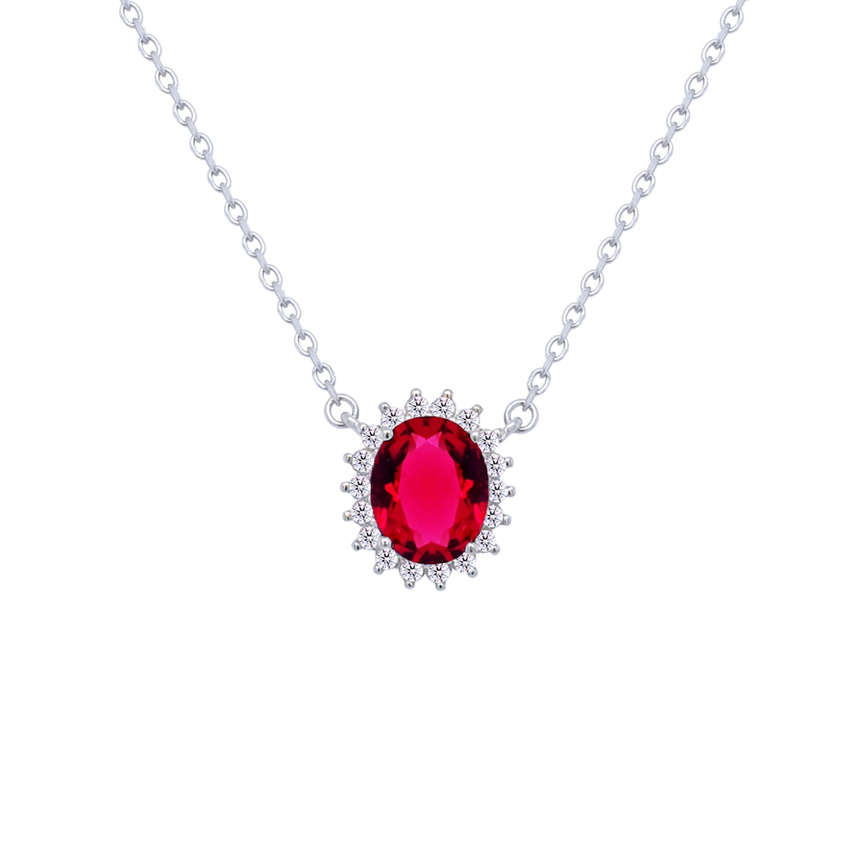 Asfour Crystal Chain Necklace With Ruby Halo Oval Design In 925 Sterling Silver-ND0397-R