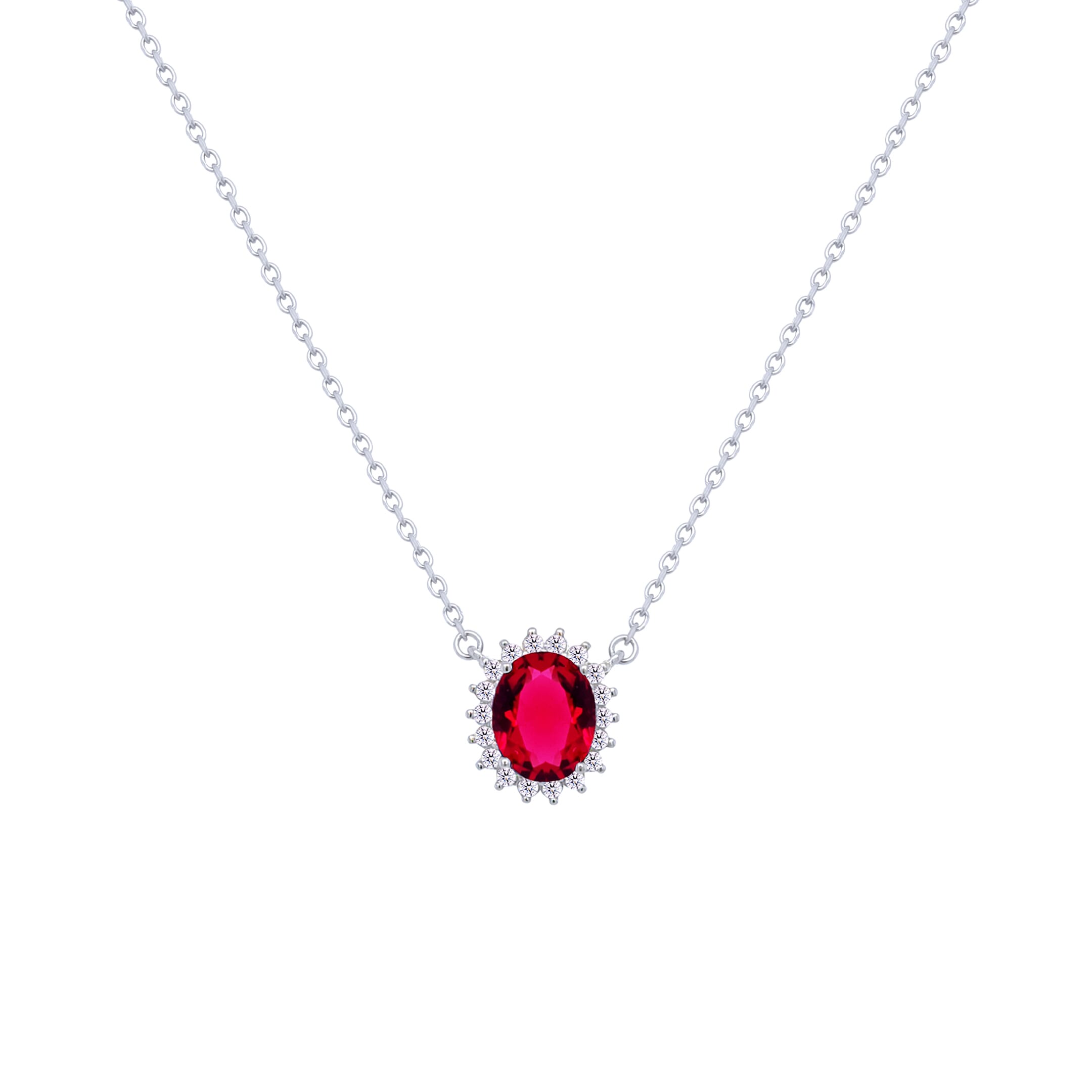 Asfour Crystal Chain Necklace With Ruby Halo Oval Design In 925 Sterling Silver-ND0397-R