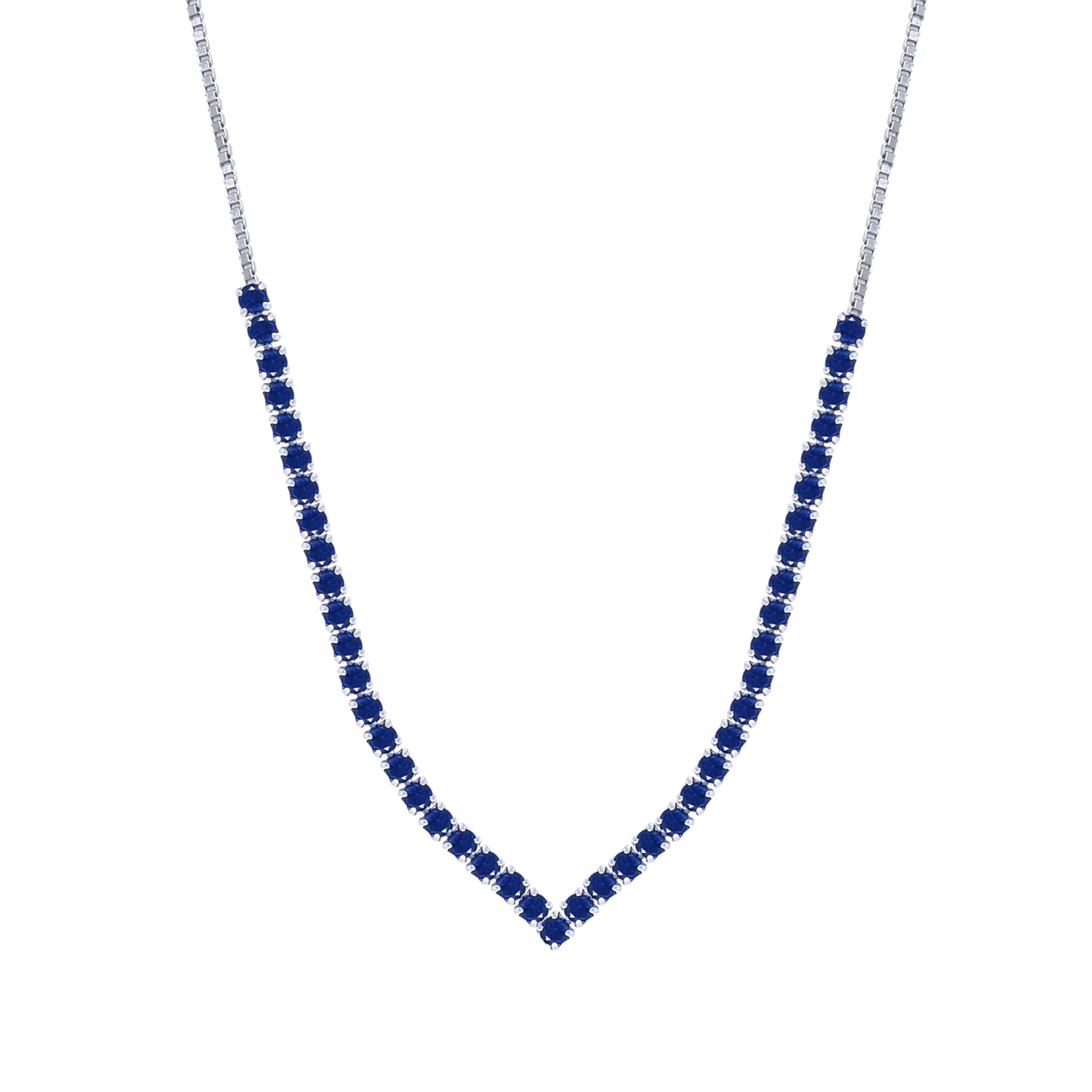 Asfour Crystal Tennis Necklace With Blue Round Zircon Stones In 925 Sterling Silver-ND0398-B