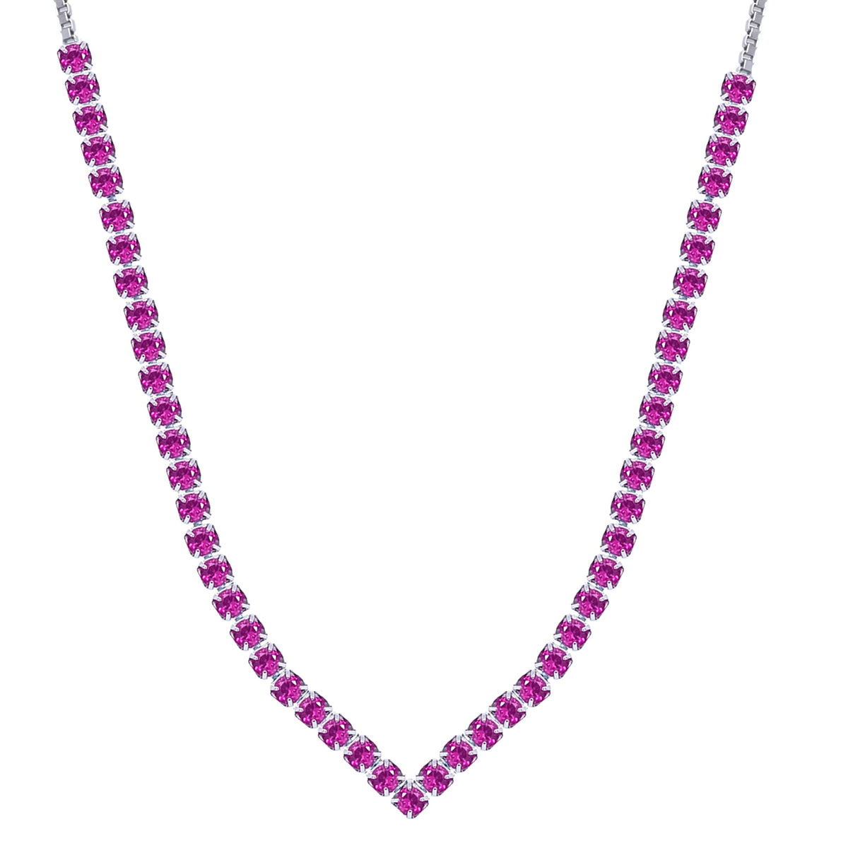 Asfour Crystal Tennis Necklace With Fuchsia Round Zircon Stones In 925 Sterling Silver-ND0398-F