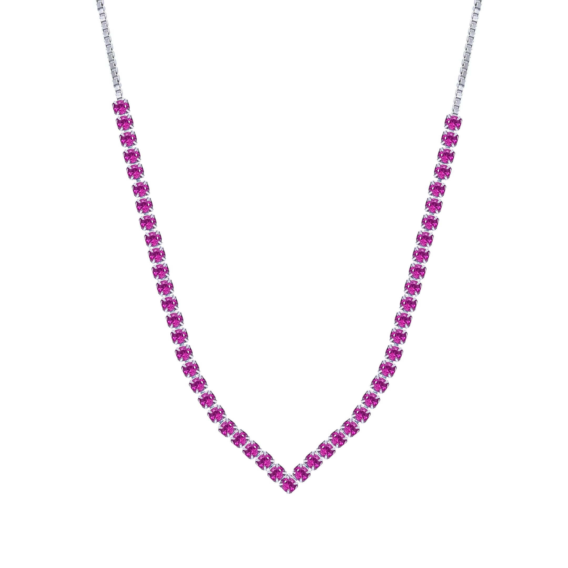 Asfour Crystal Tennis Necklace With Fuchsia Round Zircon Stones In 925 Sterling Silver-ND0398-F