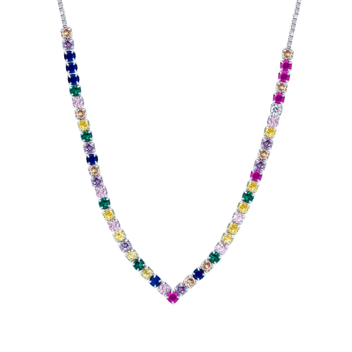 Asfour Crystal Tennis Necklace With Multi Color Round Zircon Stones In 925 Sterling Silver-ND0398-K