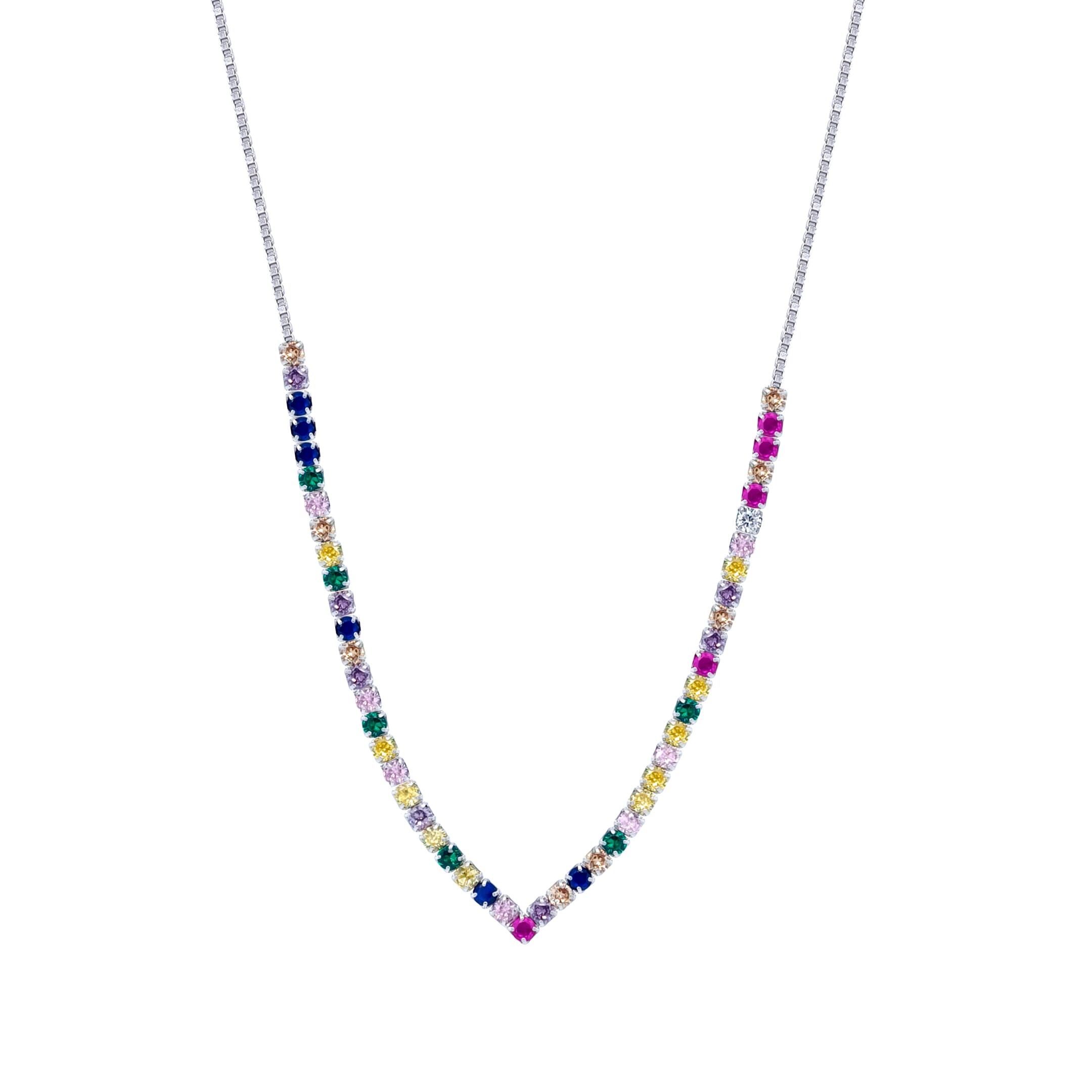 Asfour Crystal Tennis Necklace With Multi Color Round Zircon Stones In 925 Sterling Silver-ND0398-K