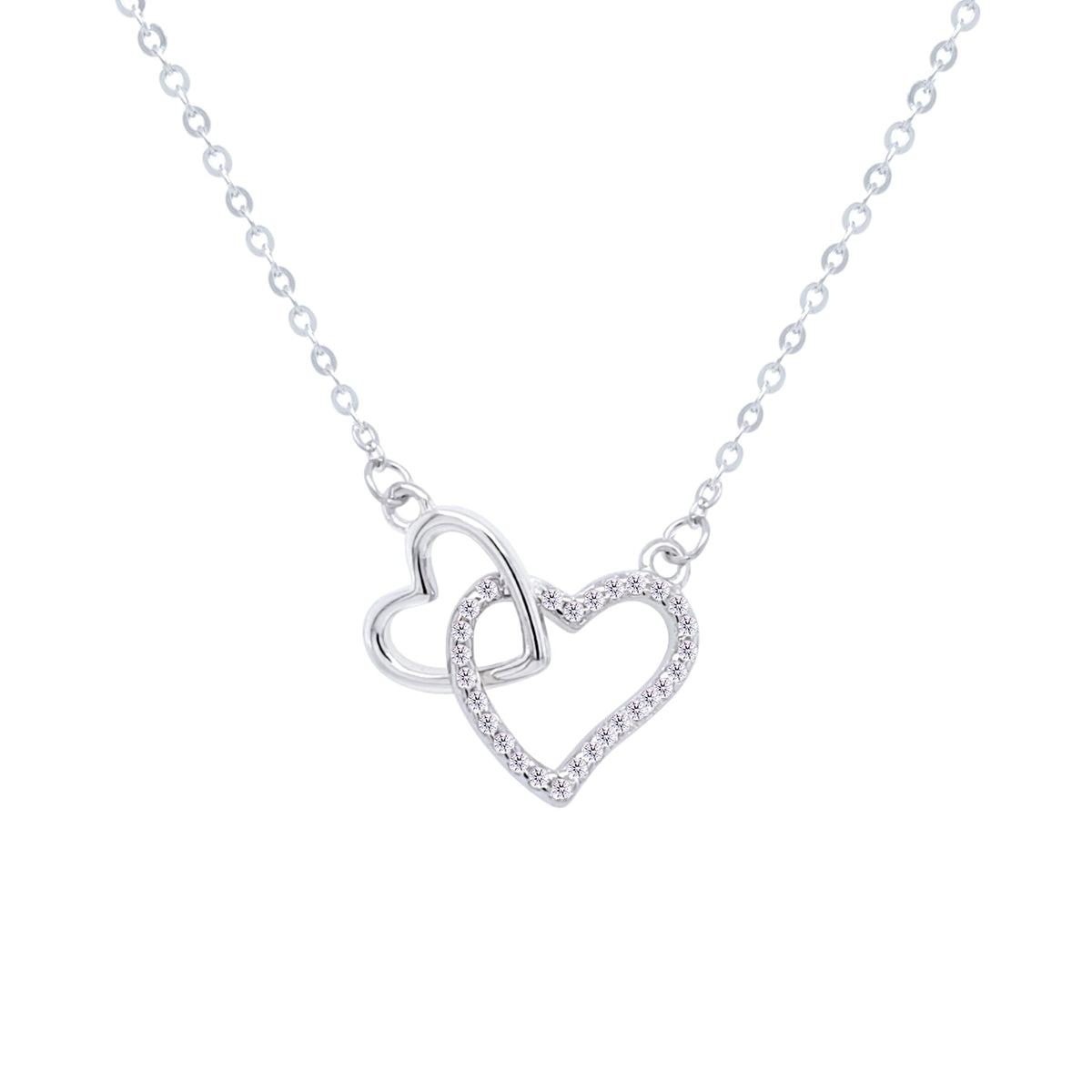 Asfour Crystal Chain Necklace With Two Hollow Hearts Pendant In 925 Sterling Silver-ND0407