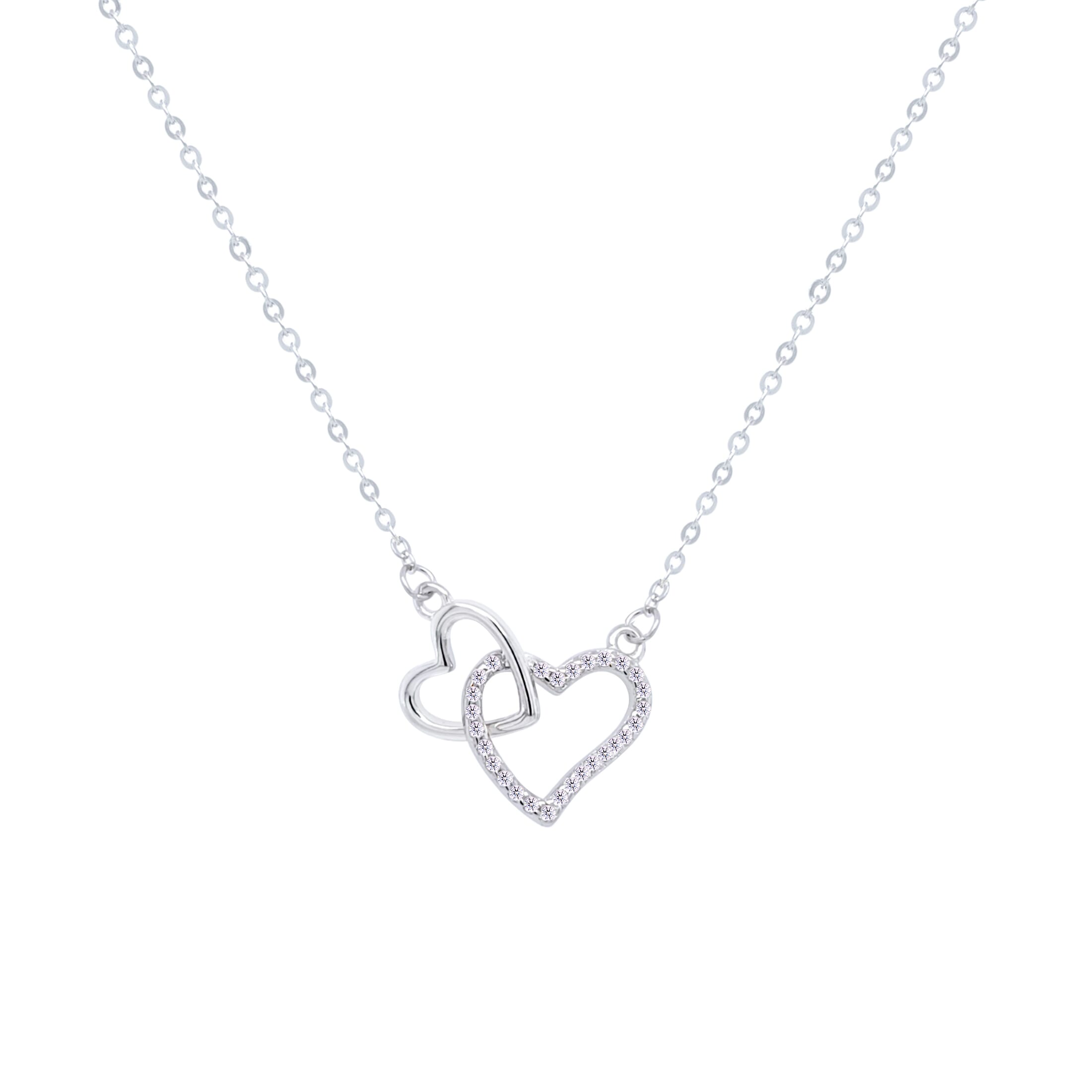 Asfour Crystal Chain Necklace With Two Hollow Hearts Pendant In 925 Sterling Silver-ND0407