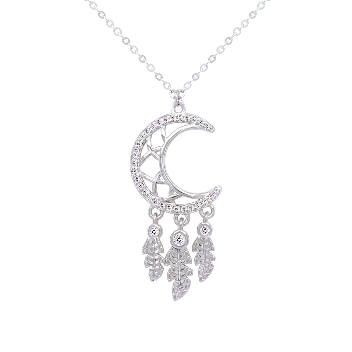 Asfour Crystal Chain Necklace With Decorative Crescent Pendant In 925 Sterling Silver-ND0414