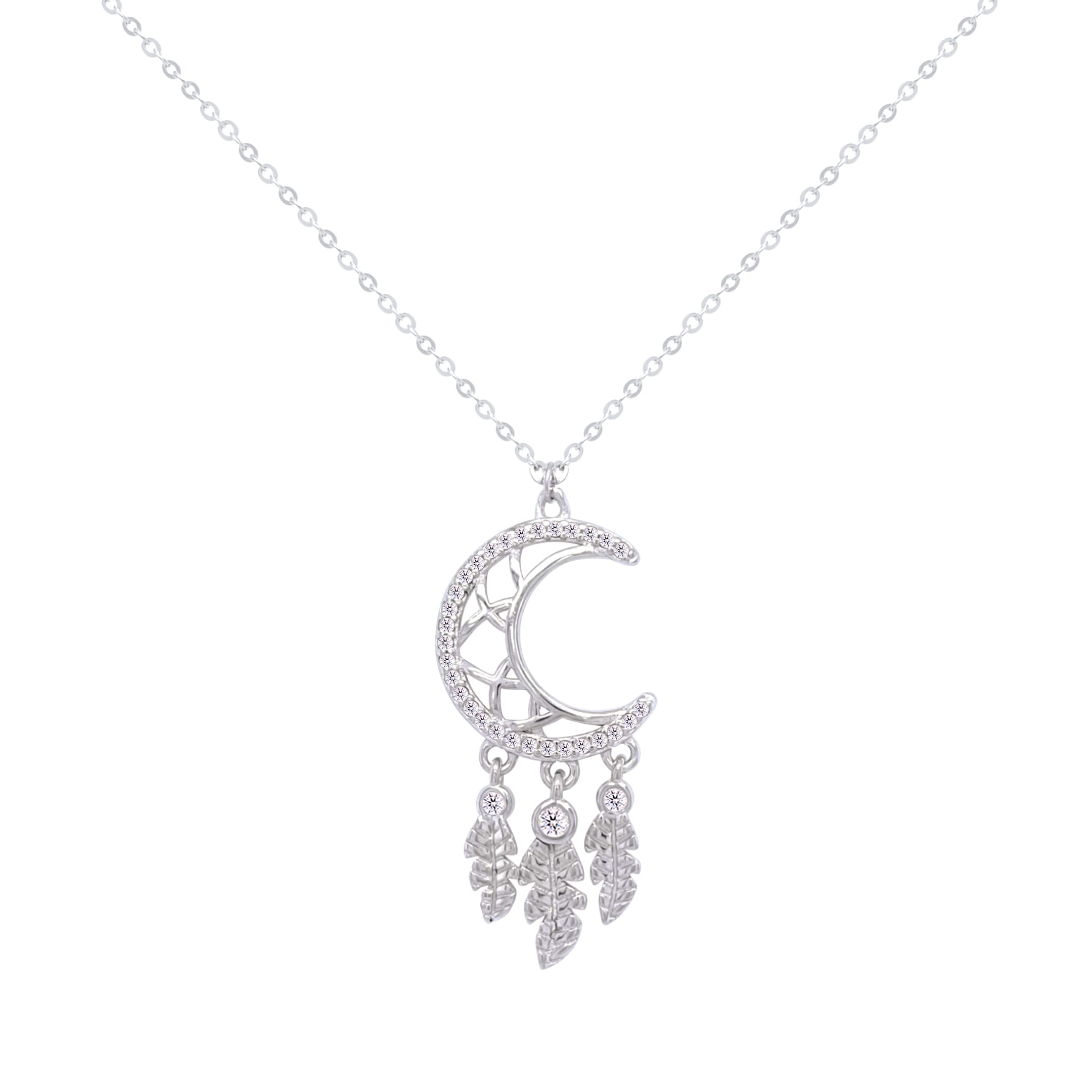 Asfour Crystal Chain Necklace With Decorative Crescent Pendant In 925 Sterling Silver-ND0414