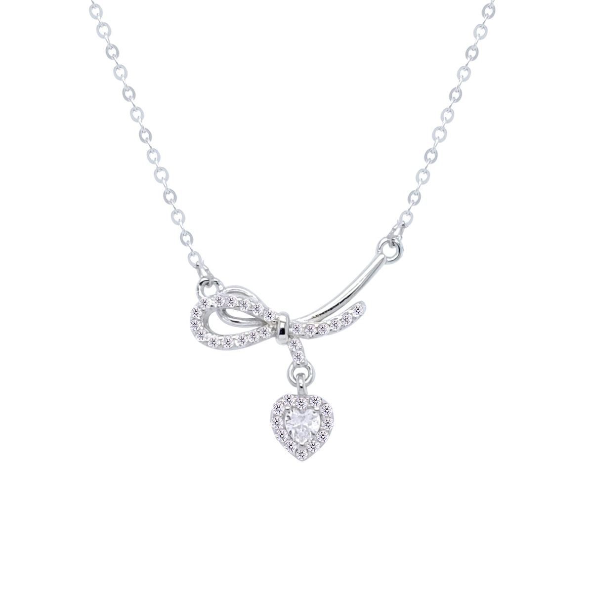 Asfour Crystal Chain Necklace With Bow & Heart Pendant In 925 Sterling Silver-ND0415