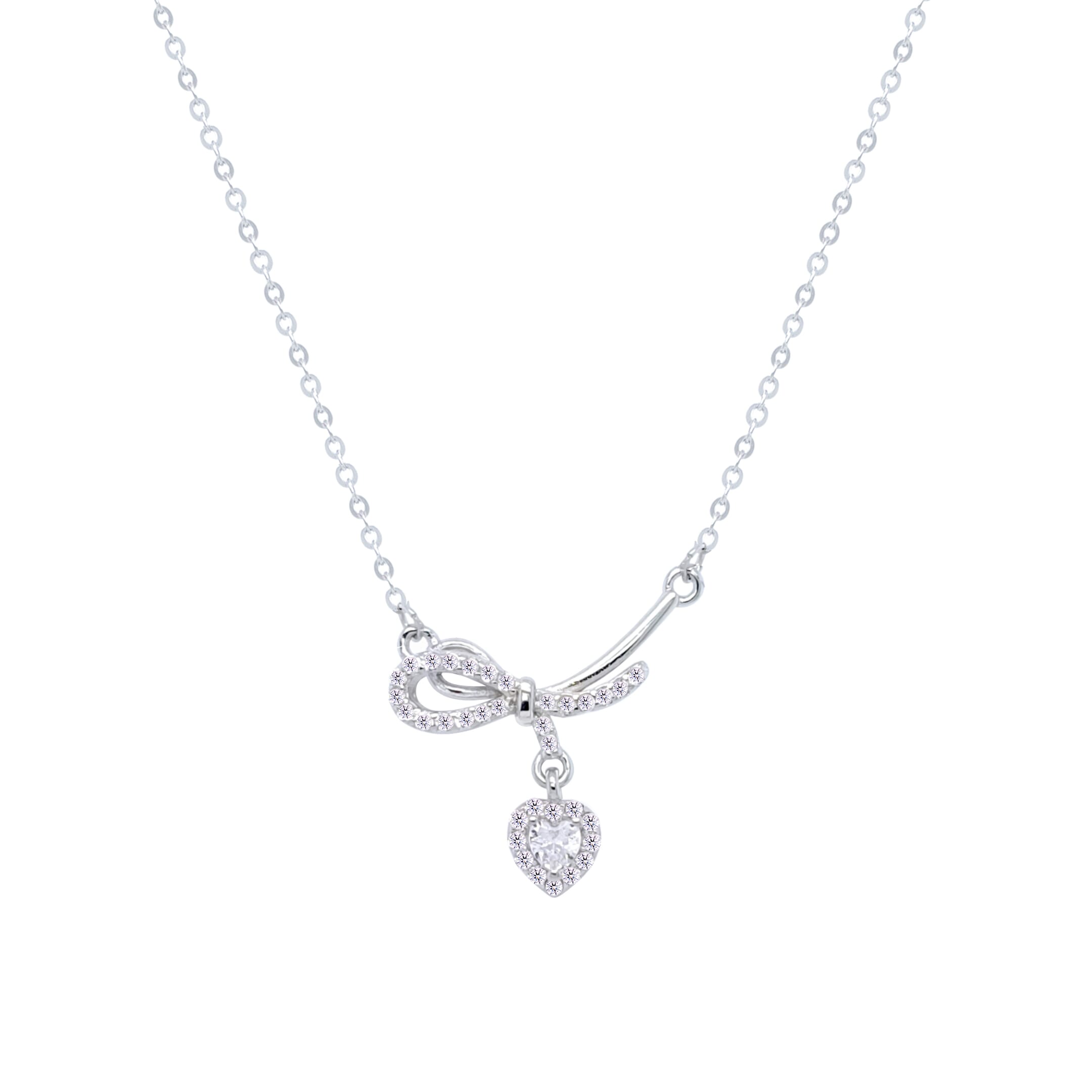 Asfour Crystal Chain Necklace With Bow & Heart Pendant In 925 Sterling Silver-ND0415