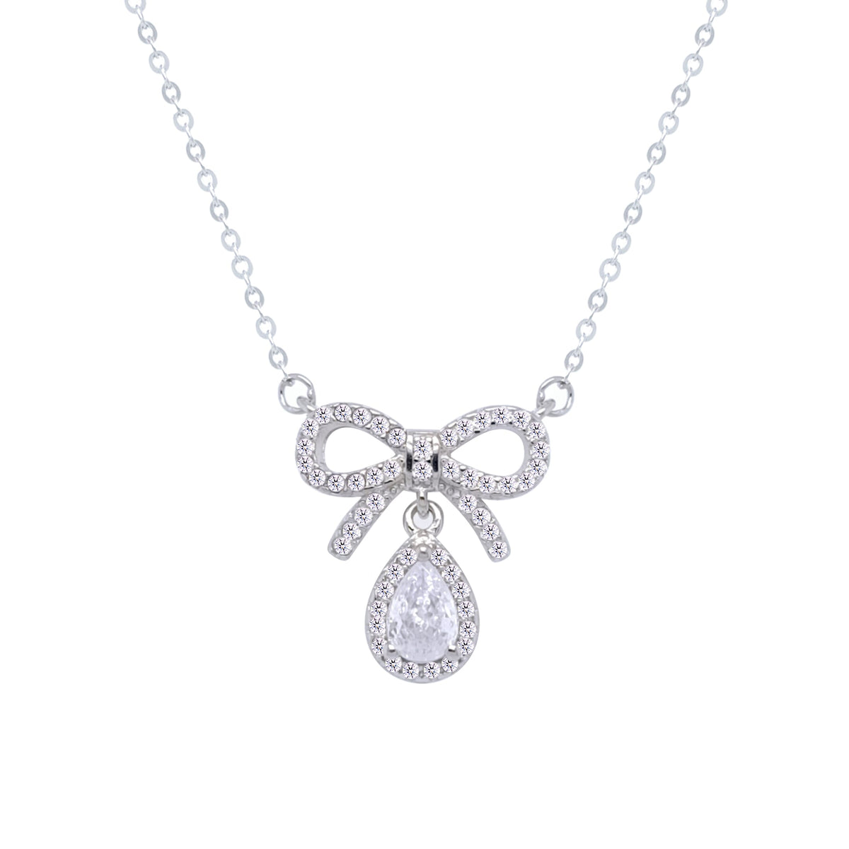 Asfour Crystal Chain Necklace With Bow Pendant In 925 Sterling Silver-ND0416