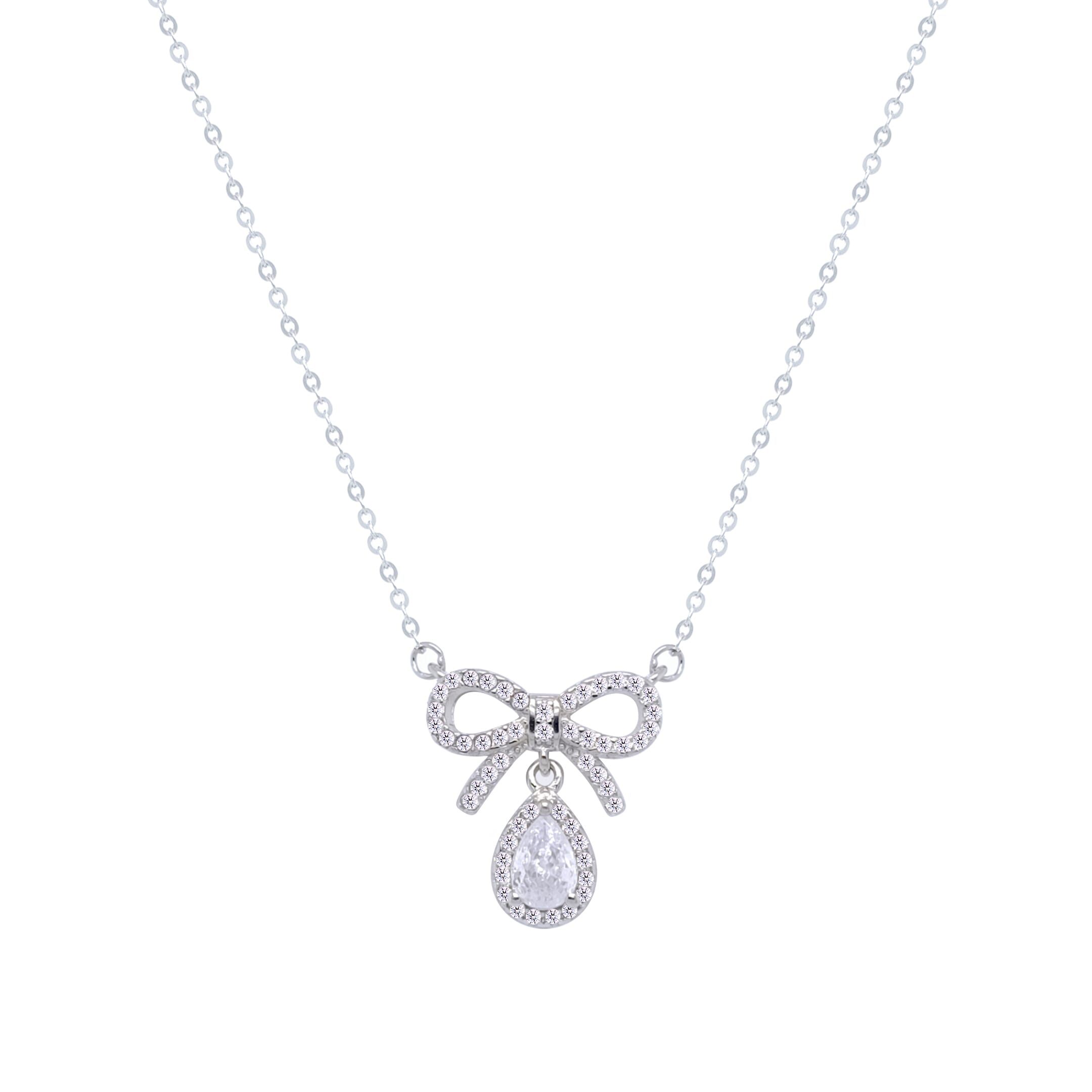 Asfour Crystal Chain Necklace With Bow Pendant In 925 Sterling Silver-ND0416