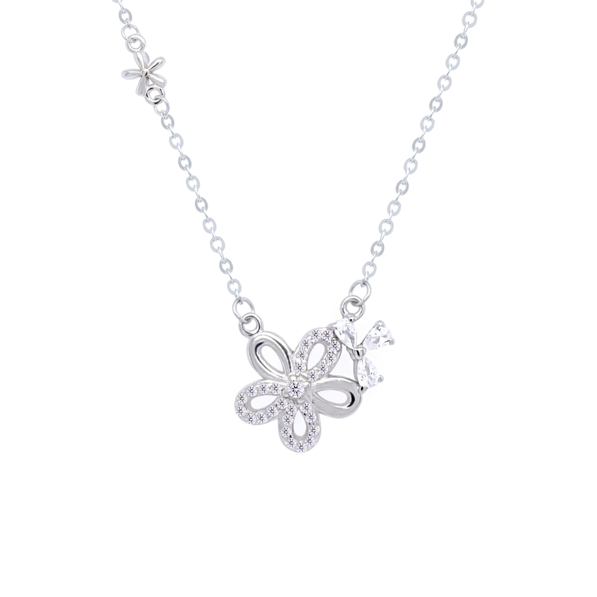 Asfour Crystal Chain Necklace With Decorative Floer Pendant In 925 Sterling Silver-ND0417