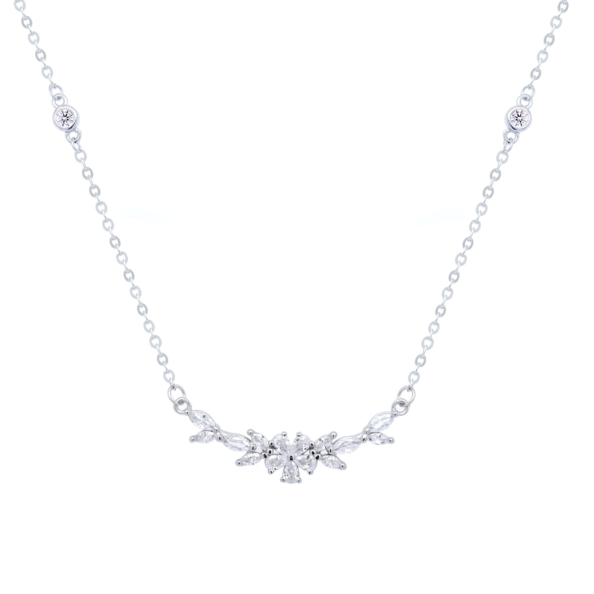 Asfour Crystal Chain Necklace With Decorative Flower Design In 925 Sterling Silver-ND0418