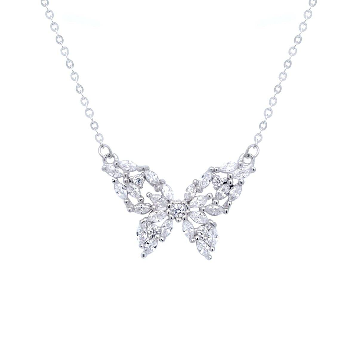 Asfour Crystal Chain Necklace With Butterfly Pendant IN 925 Sterling Silver-ND0419