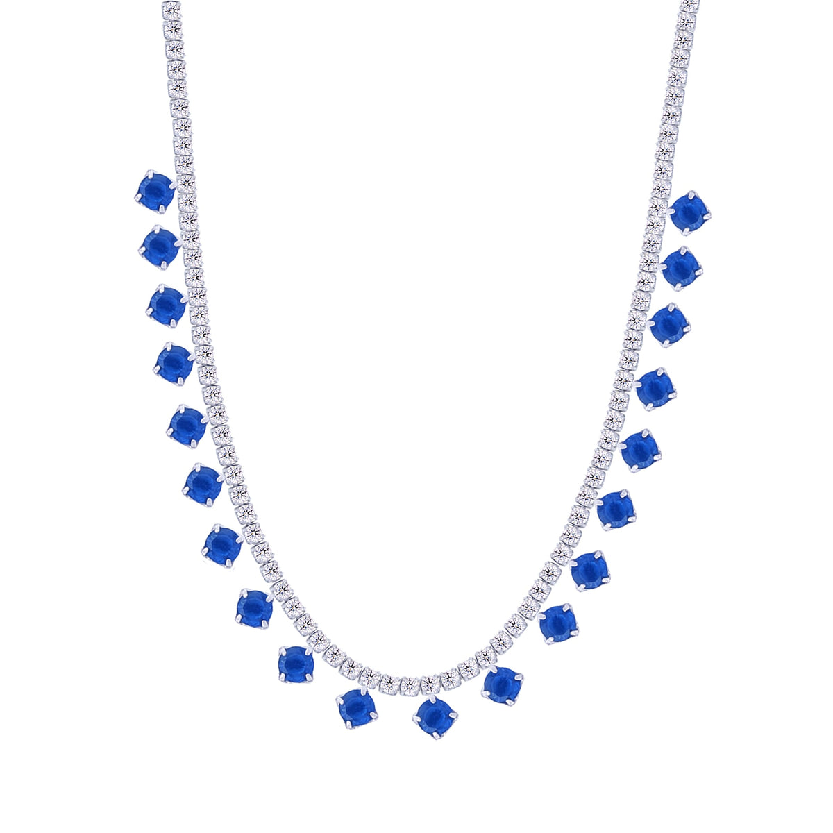 Asfour Crystal Tennis Charm Necklace With Blue Round Zircon Stones In 925 Sterling Silver-ND0423-WB