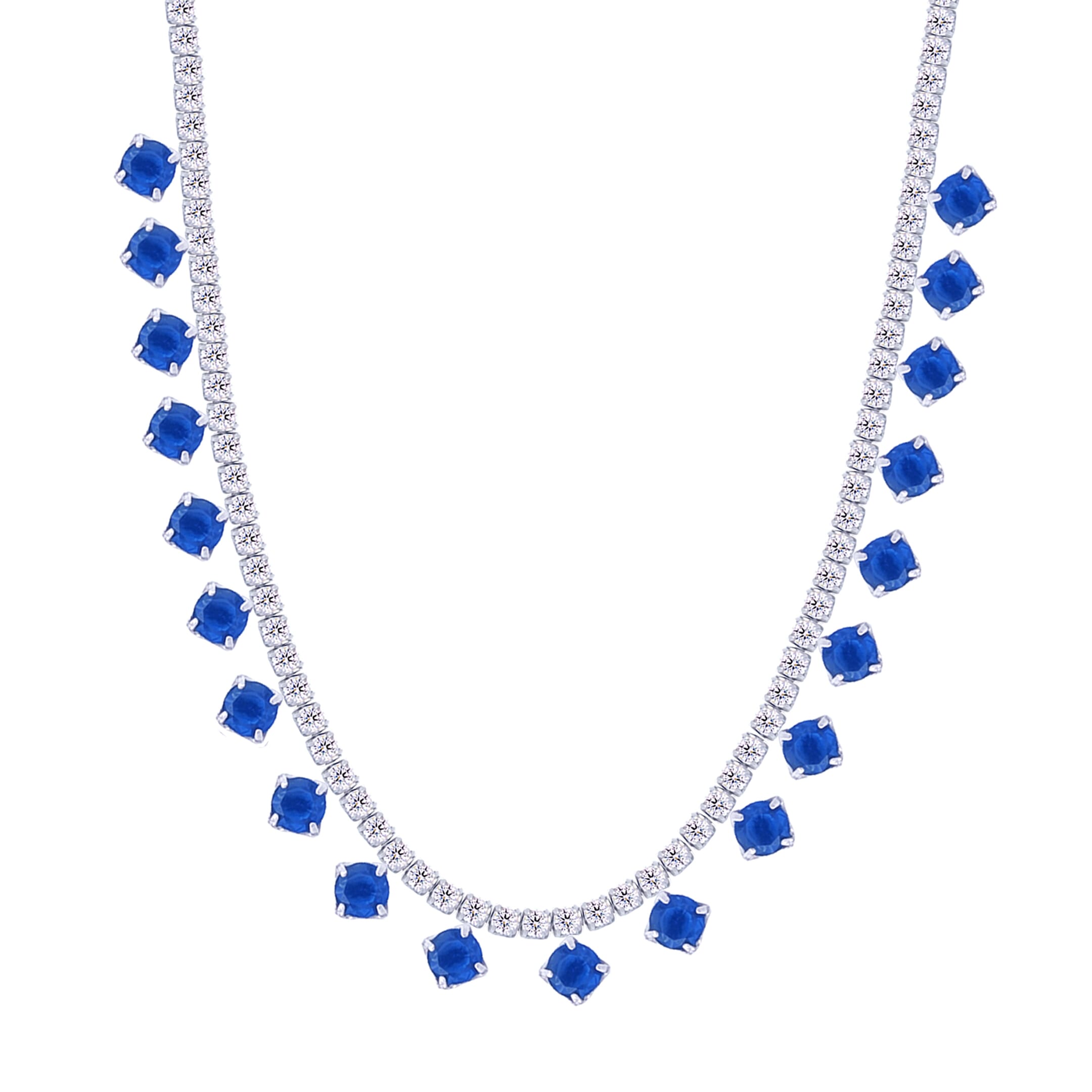 Asfour Crystal Tennis Charm Necklace With Blue Round Zircon Stones In 925 Sterling Silver-ND0423-WB