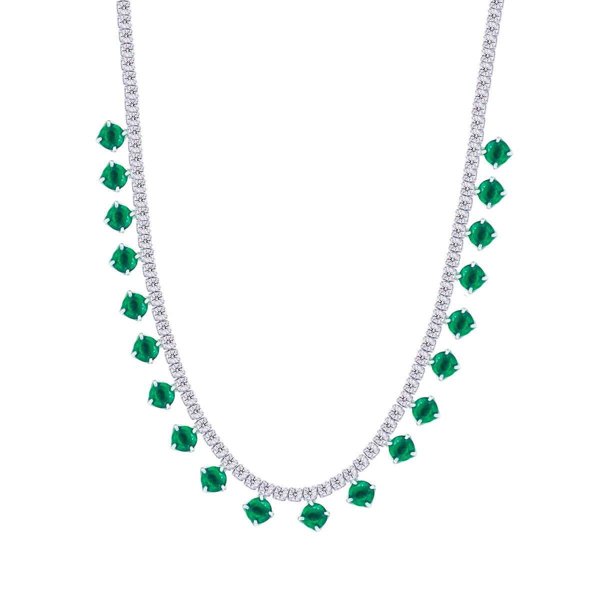 Asfour Crystal Tennis Charm Necklace With Emerald Round Zircon Stones In 925 Sterling Silver-ND0423-WG