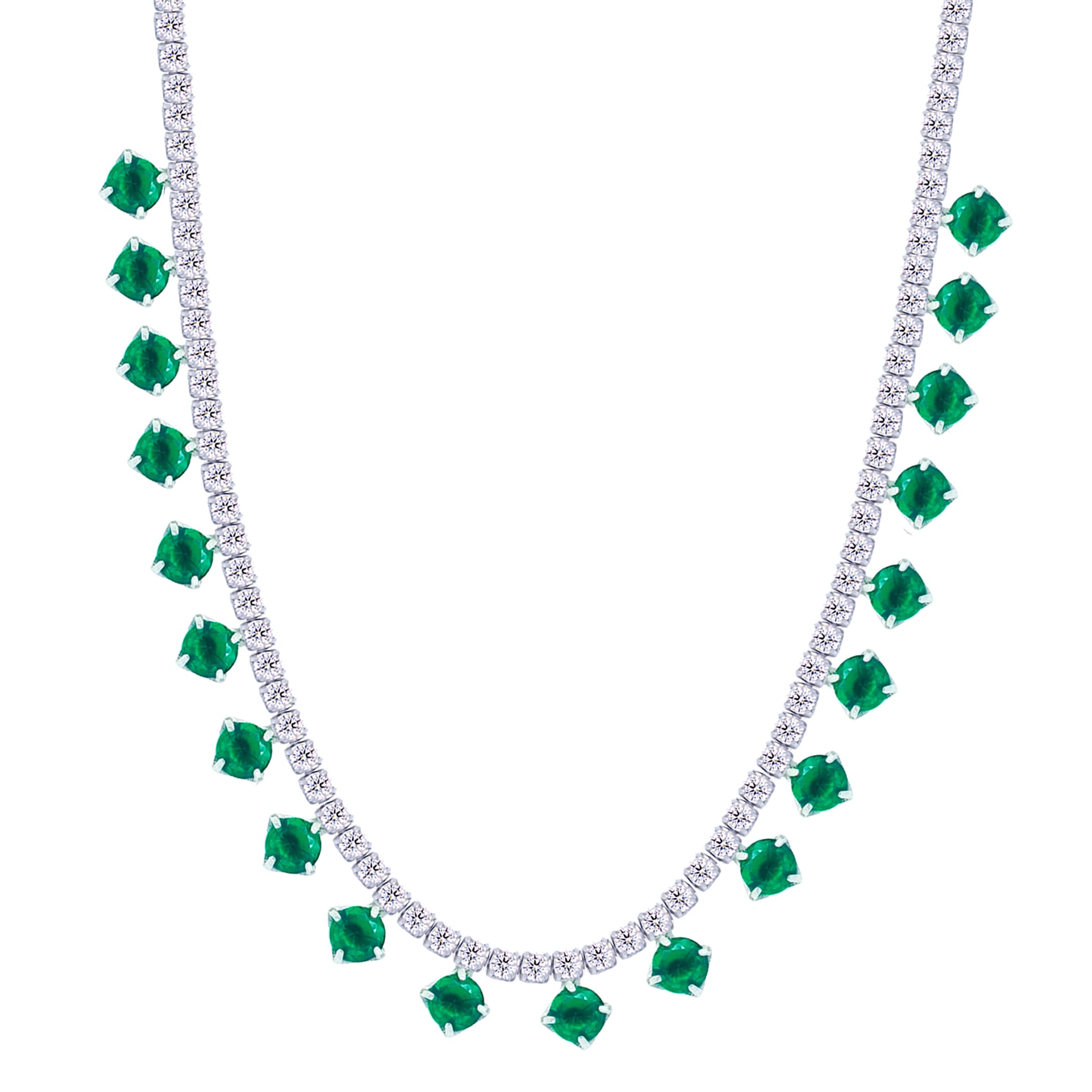 Asfour Crystal Tennis Charm Necklace With Emerald Round Zircon Stones In 925 Sterling Silver-ND0423-WG