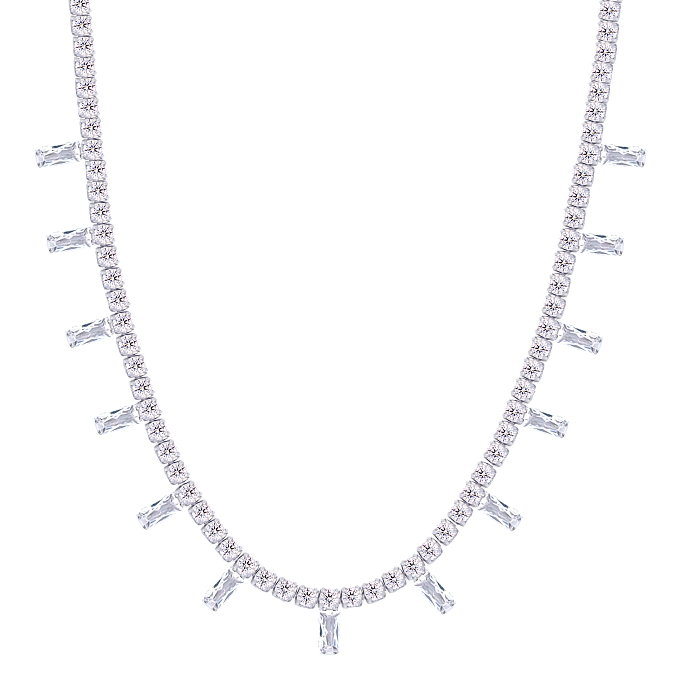 Asfour Crystal Tennis Charm Necklace With Baguette Cut Zircon Stones In 925 Sterling Silver-ND0424