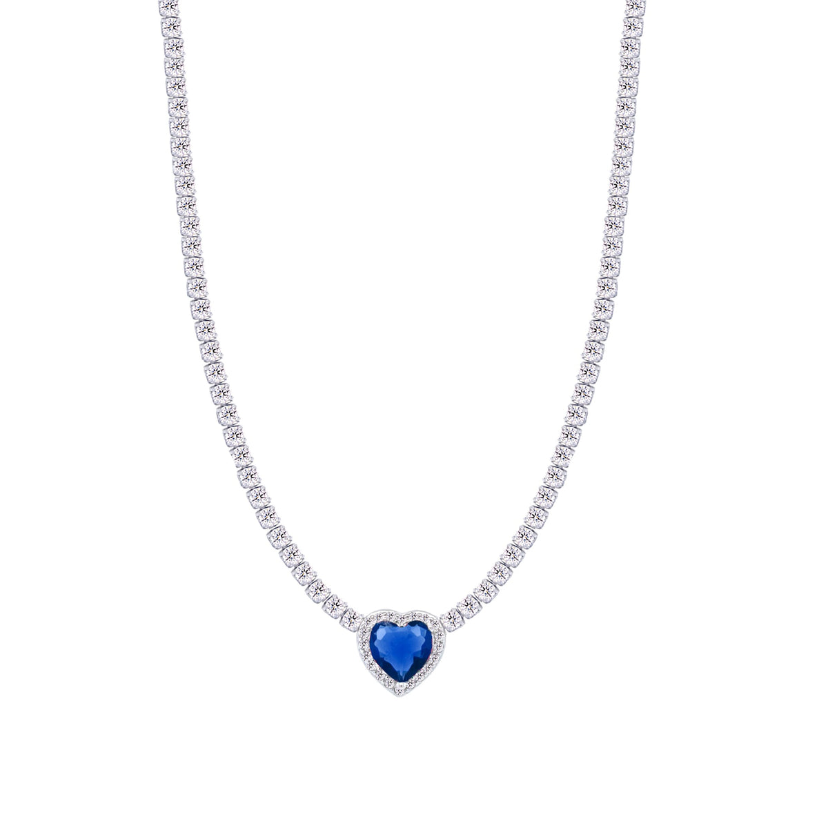 Asfour Crystal Tennis Necklace With Blue Heart Stone In 925 Sterling Silver-ND0427-WB