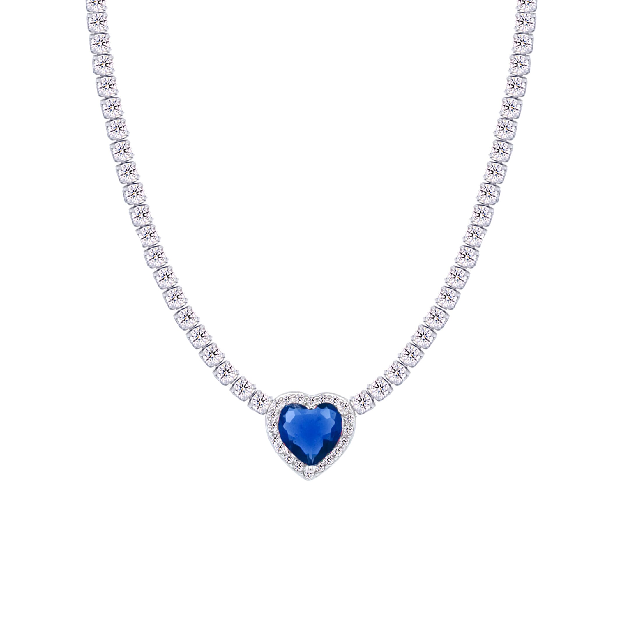 Asfour Crystal Tennis Necklace With Blue Heart Stone In 925 Sterling Silver-ND0427-WB