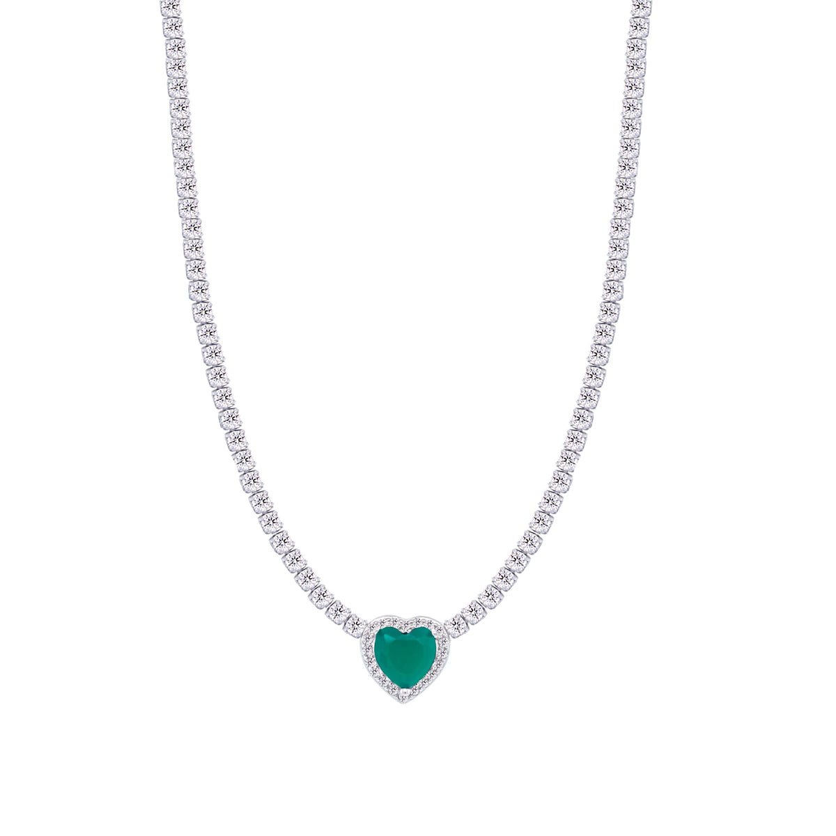 Asfour Crystal Tennis Necklace With Green Heart In 925 Sterling Silver-ND0427-WGM