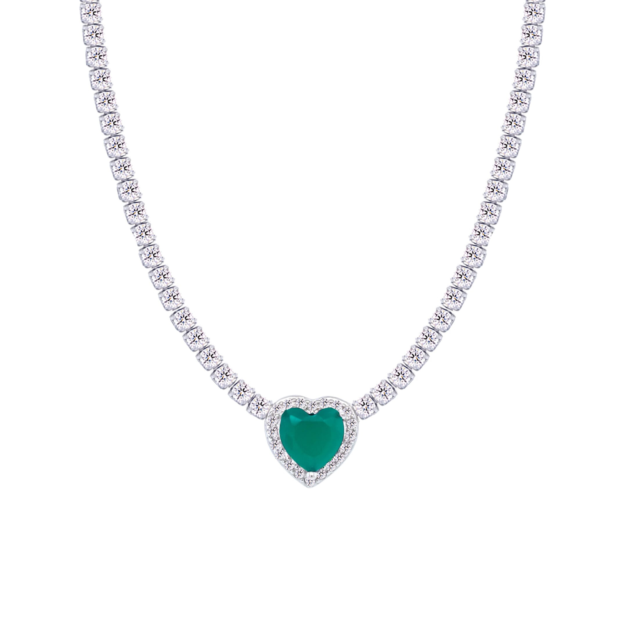 Asfour Crystal Tennis Necklace With Green Heart In 925 Sterling Silver-ND0427-WGM