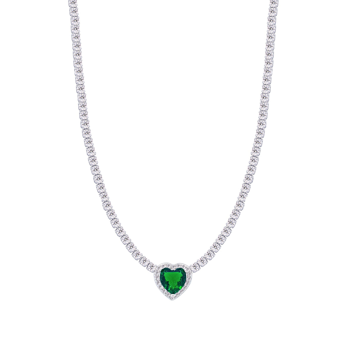 Asfour Crystal Tennis Necklace With Emerald Zircon Heart In 925 Sterling Silver-ND0427-WG